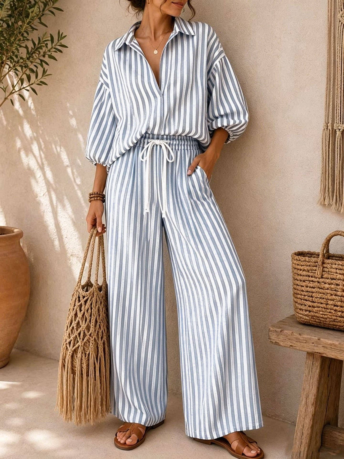 Striped Oversized Shirt Wide Leg Pants Set