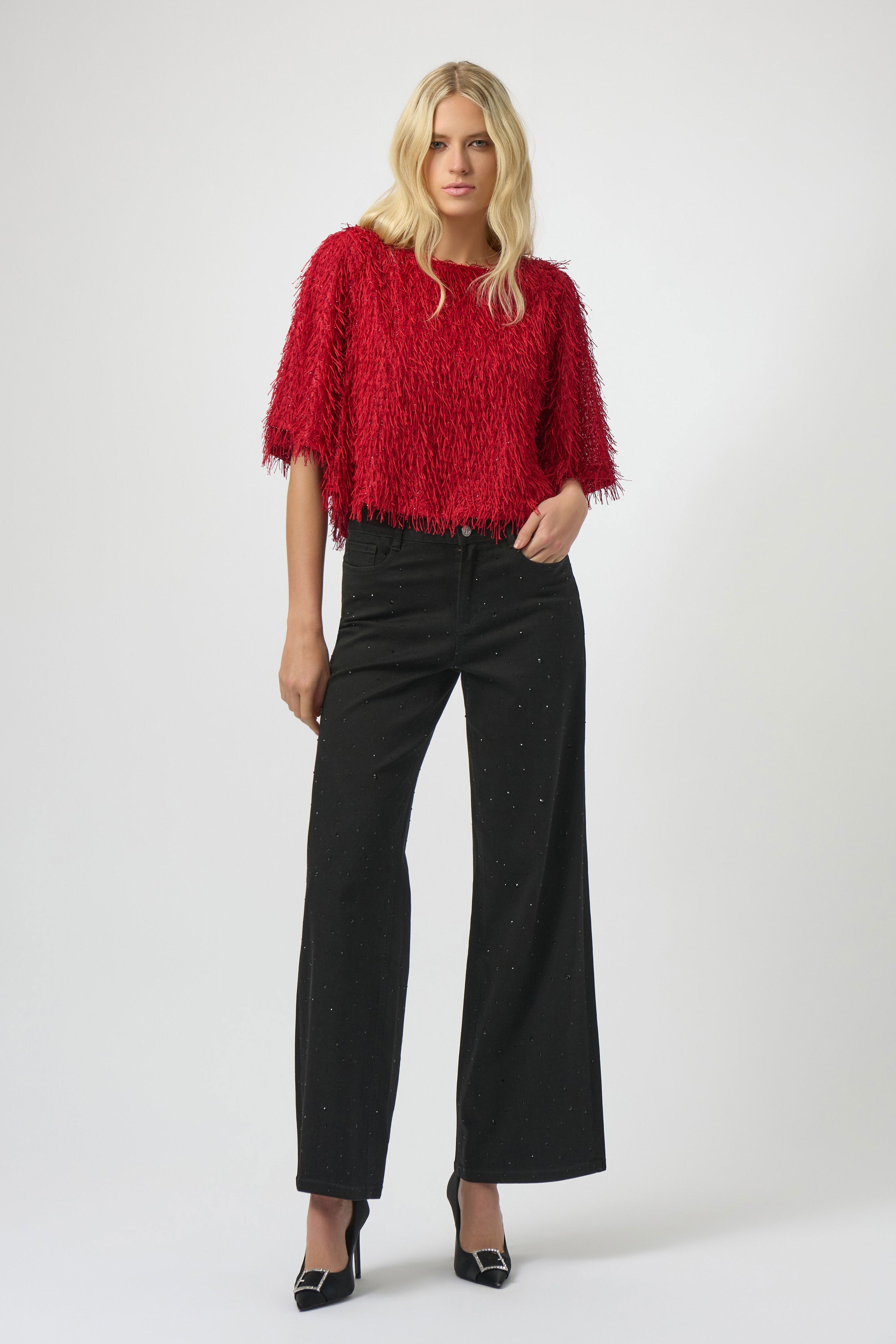 Novelty Fringe Boxy Top by Joseph Ribkoff - Red