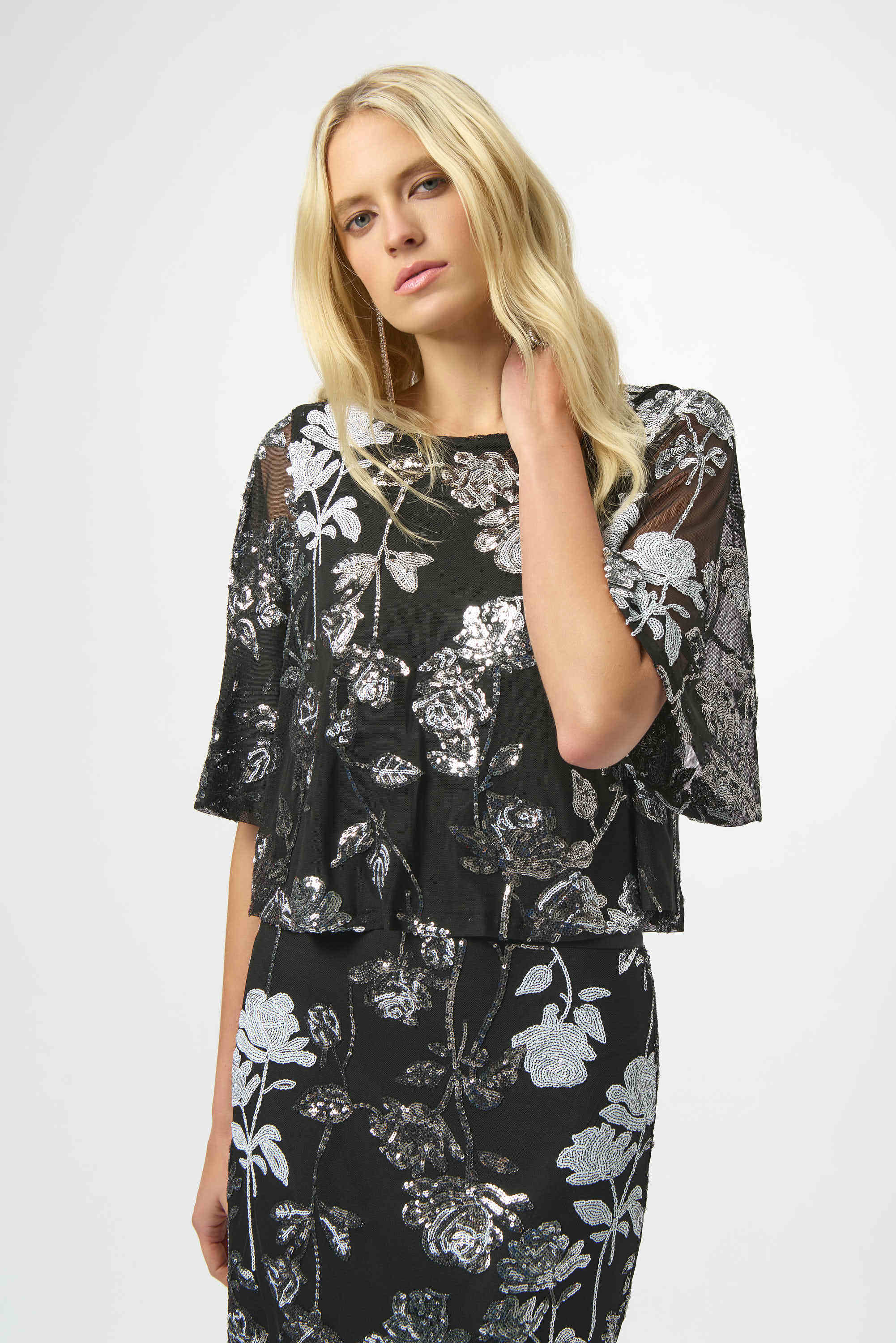 Sequin Embroidered Floral Print Boxy Top by Joseph Ribkoff - Black/Multi