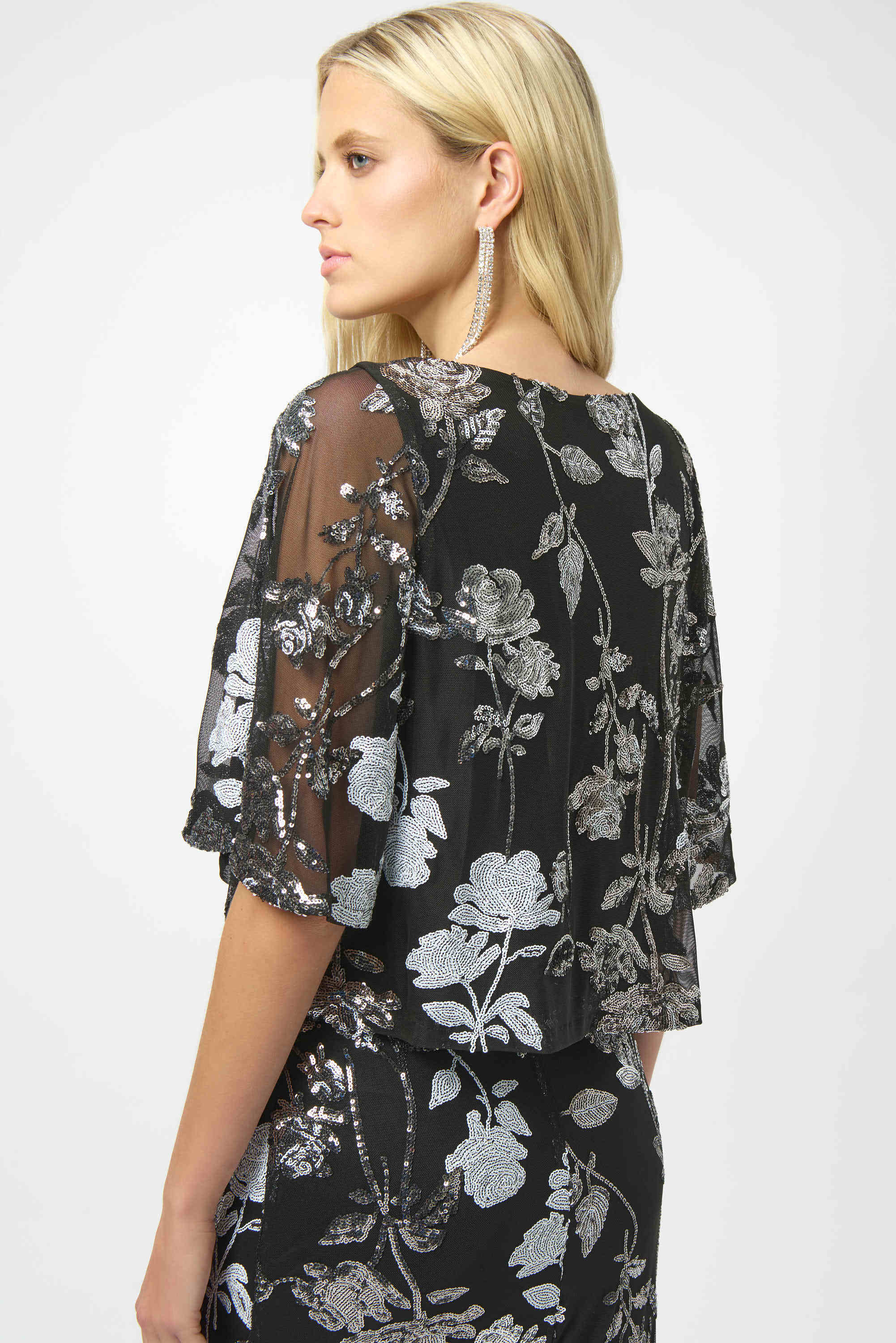 Sequin Embroidered Floral Print Boxy Top by Joseph Ribkoff - Black/Multi