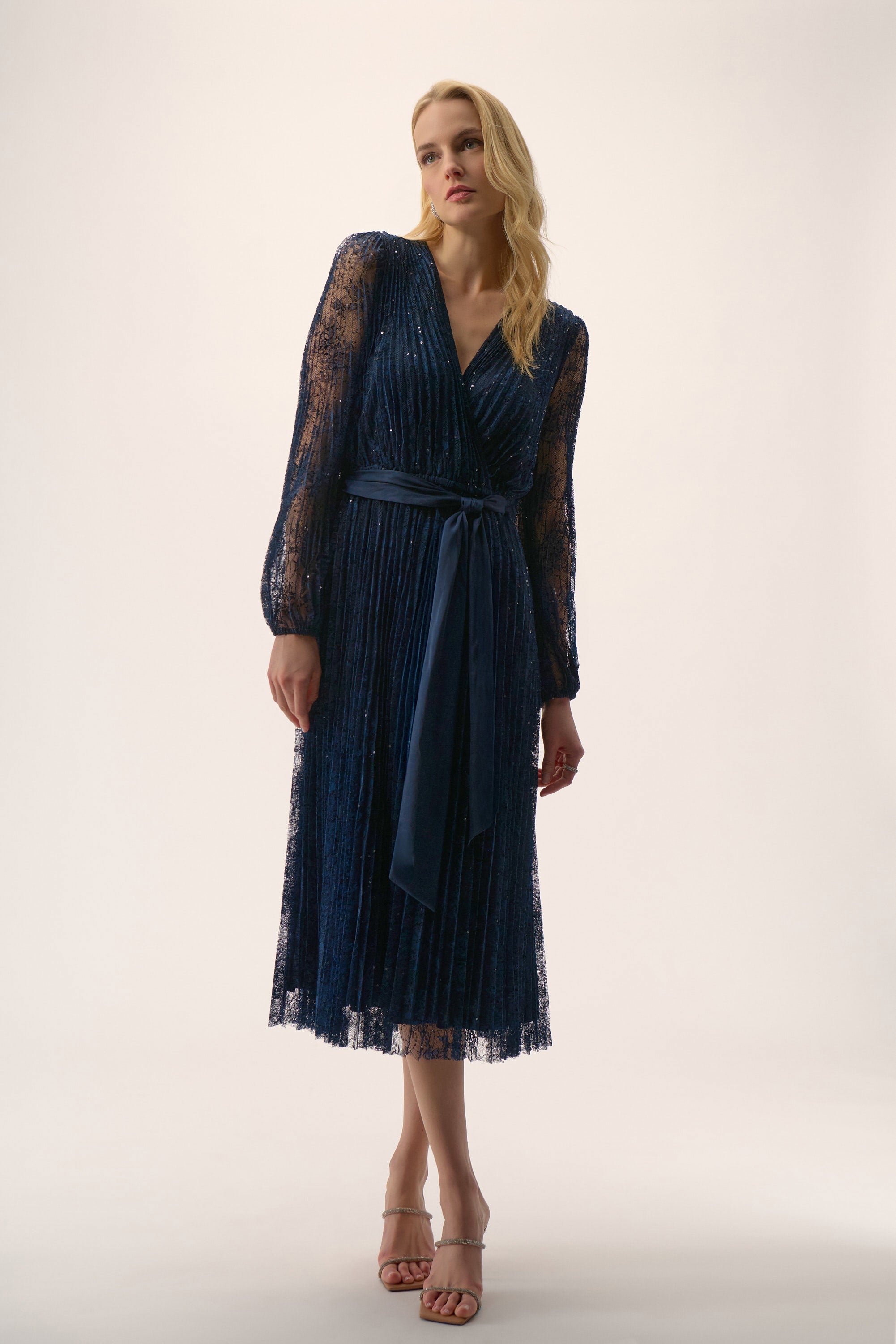 Sequined Pleated Lace Fit & Flare Dress by Joseph Ribkoff - Midnight Blue