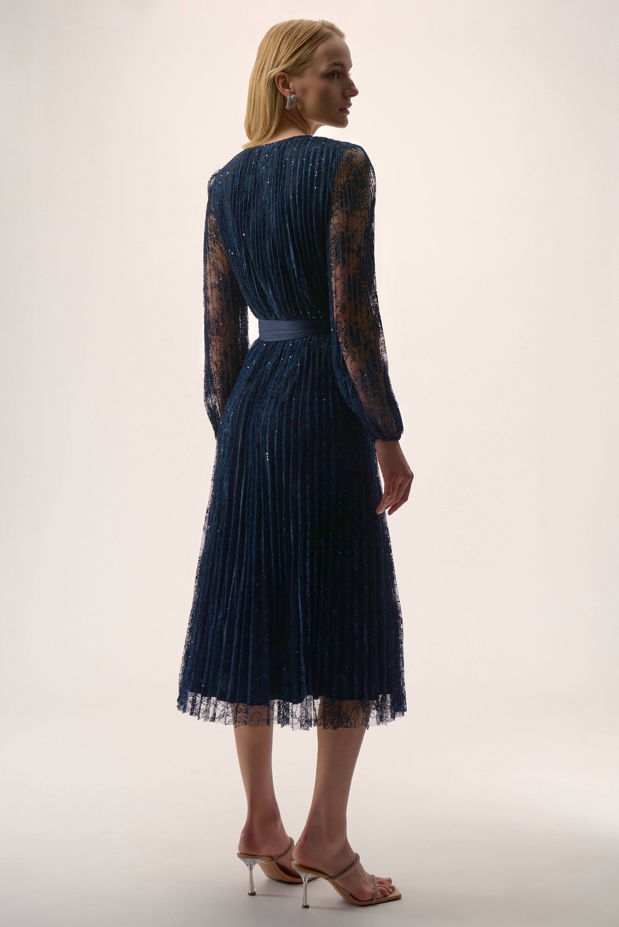 Sequined Pleated Lace Fit & Flare Dress by Joseph Ribkoff - Midnight Blue