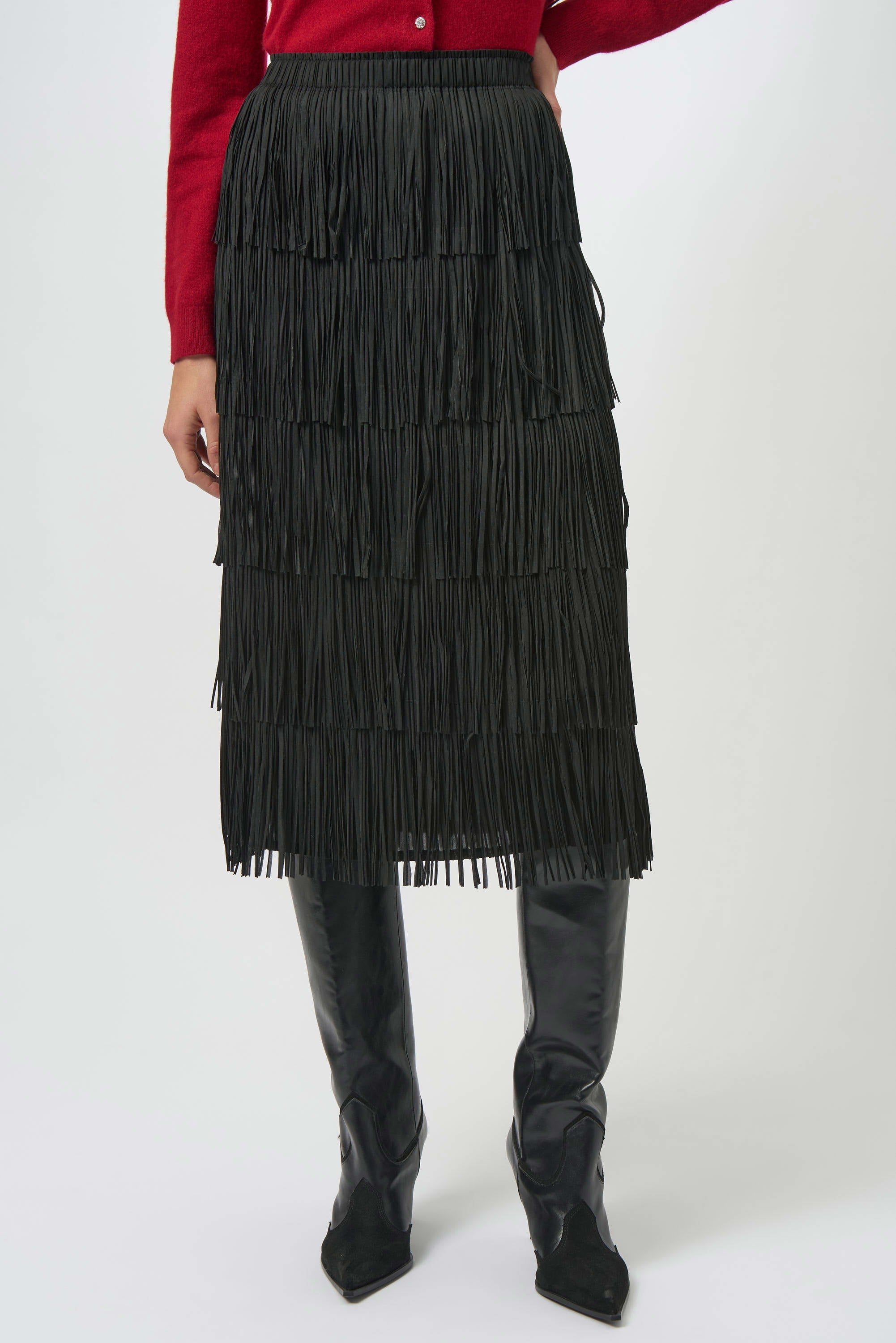 Pleated Pencil Skirt w/Tiered Fringes by Joseph Ribkoff - Black