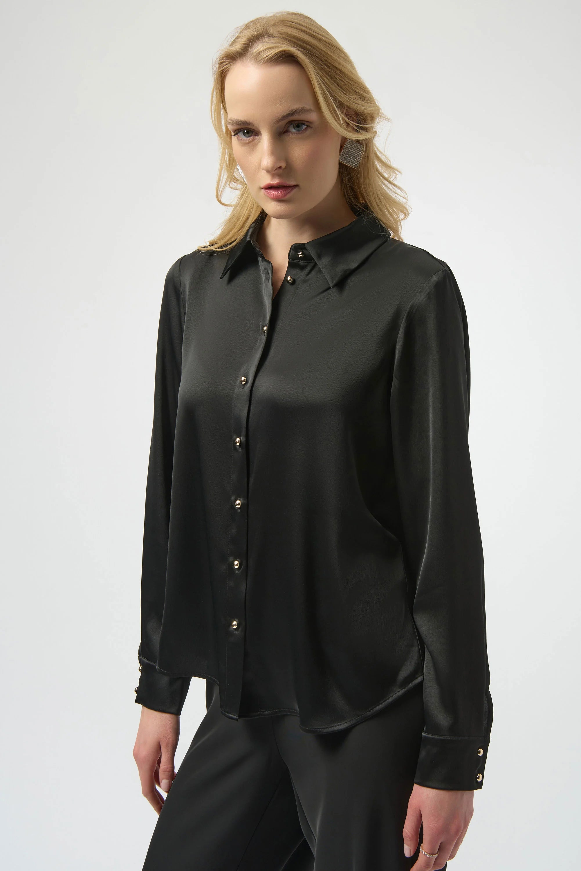 Satin Blouse w/Back Cowl Neck & Rhinestone Detail by Joseph Ribkoff - Black