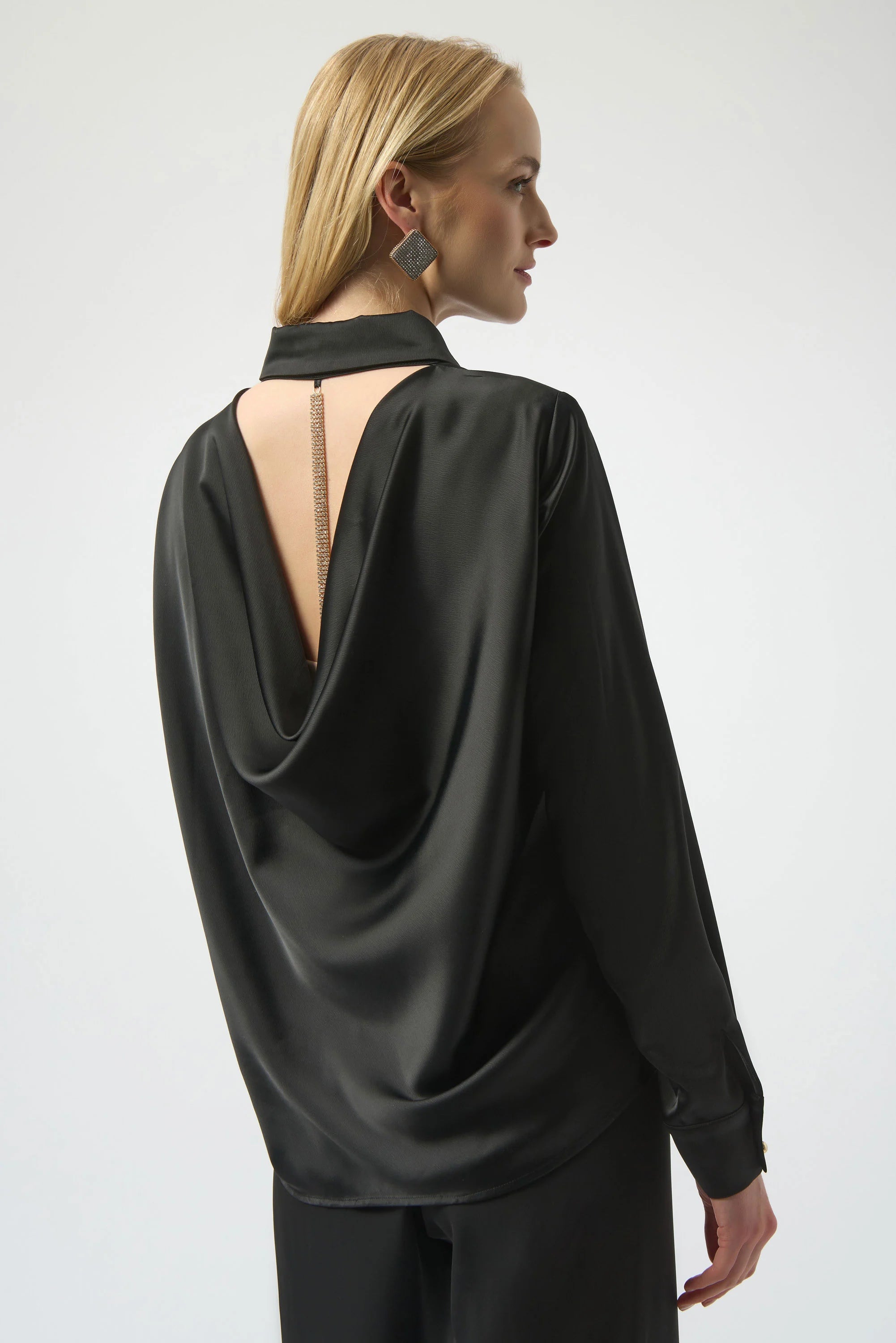 Satin Blouse w/Back Cowl Neck & Rhinestone Detail by Joseph Ribkoff - Black