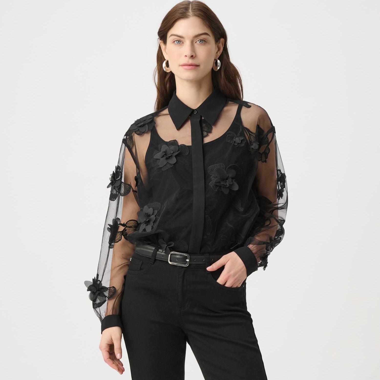 Sheer Textured Flower Appliqué Blouse by Joseph Ribkoff