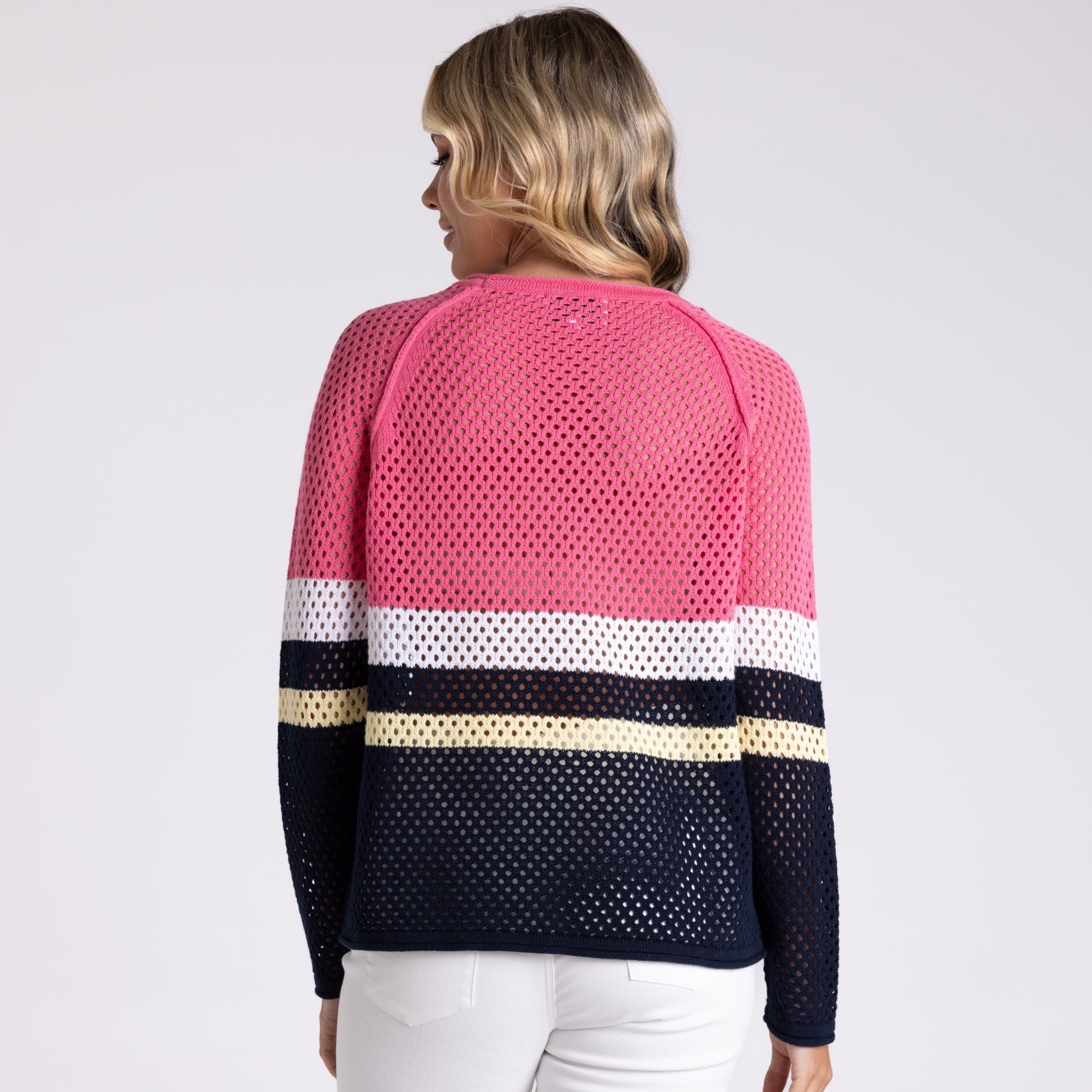 Pointelle Spliced Sweater by Two-T's - Flamingo Combo