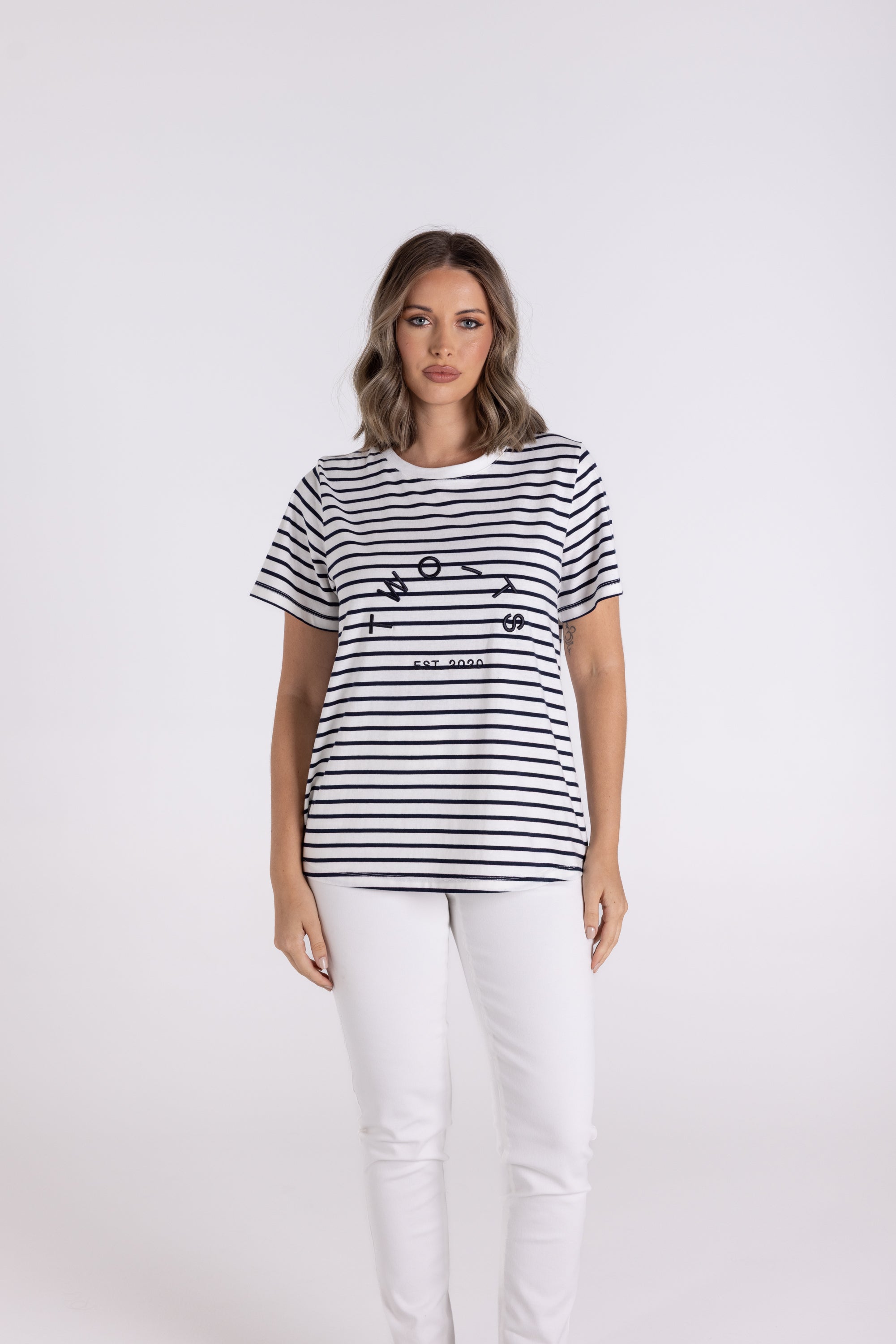 Stripe S/Slv Crew w/Embroidery by Two-T's - Navy/White