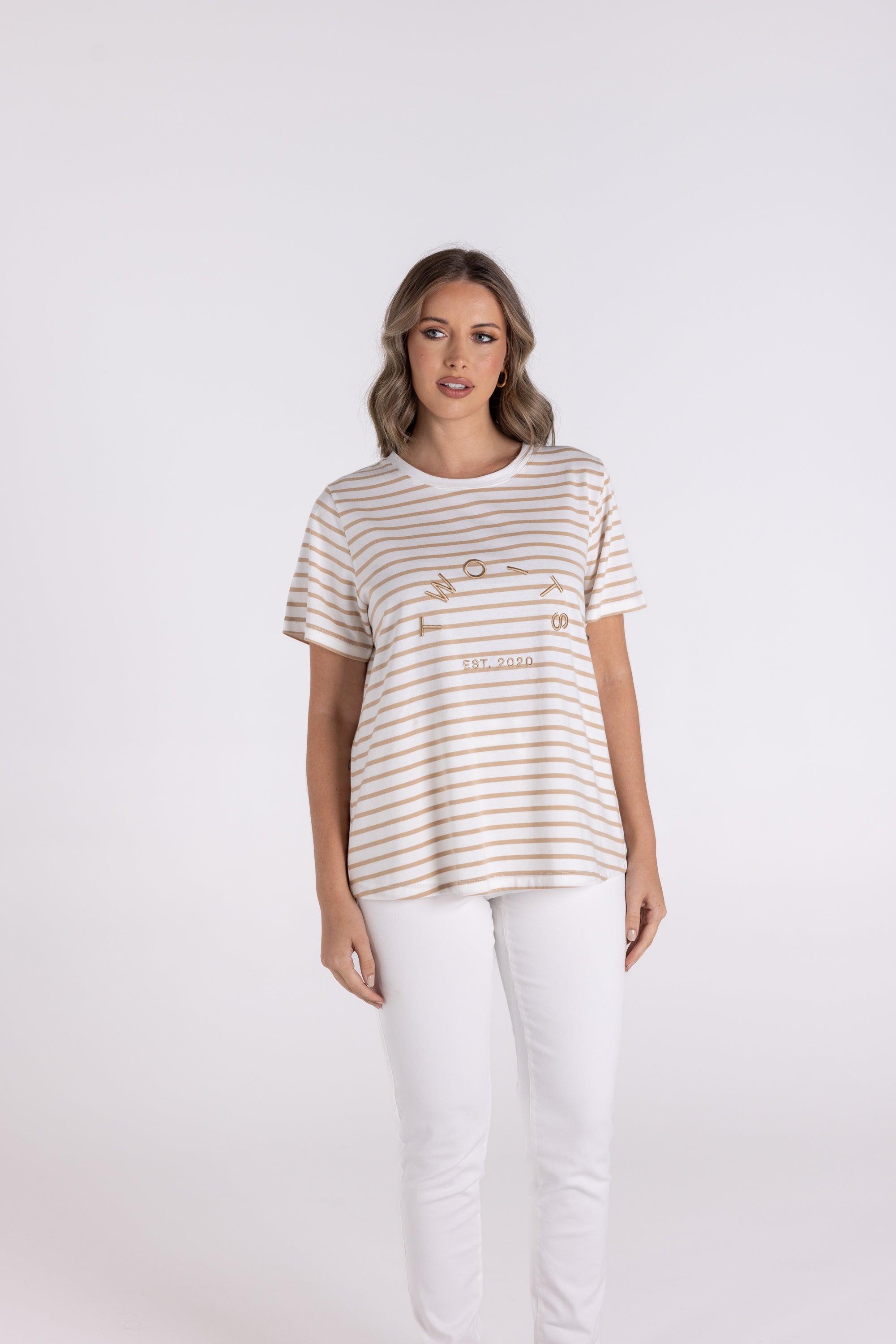 Stripe S/Slv Crew w/Embroidery by Two-T's - Sand/White