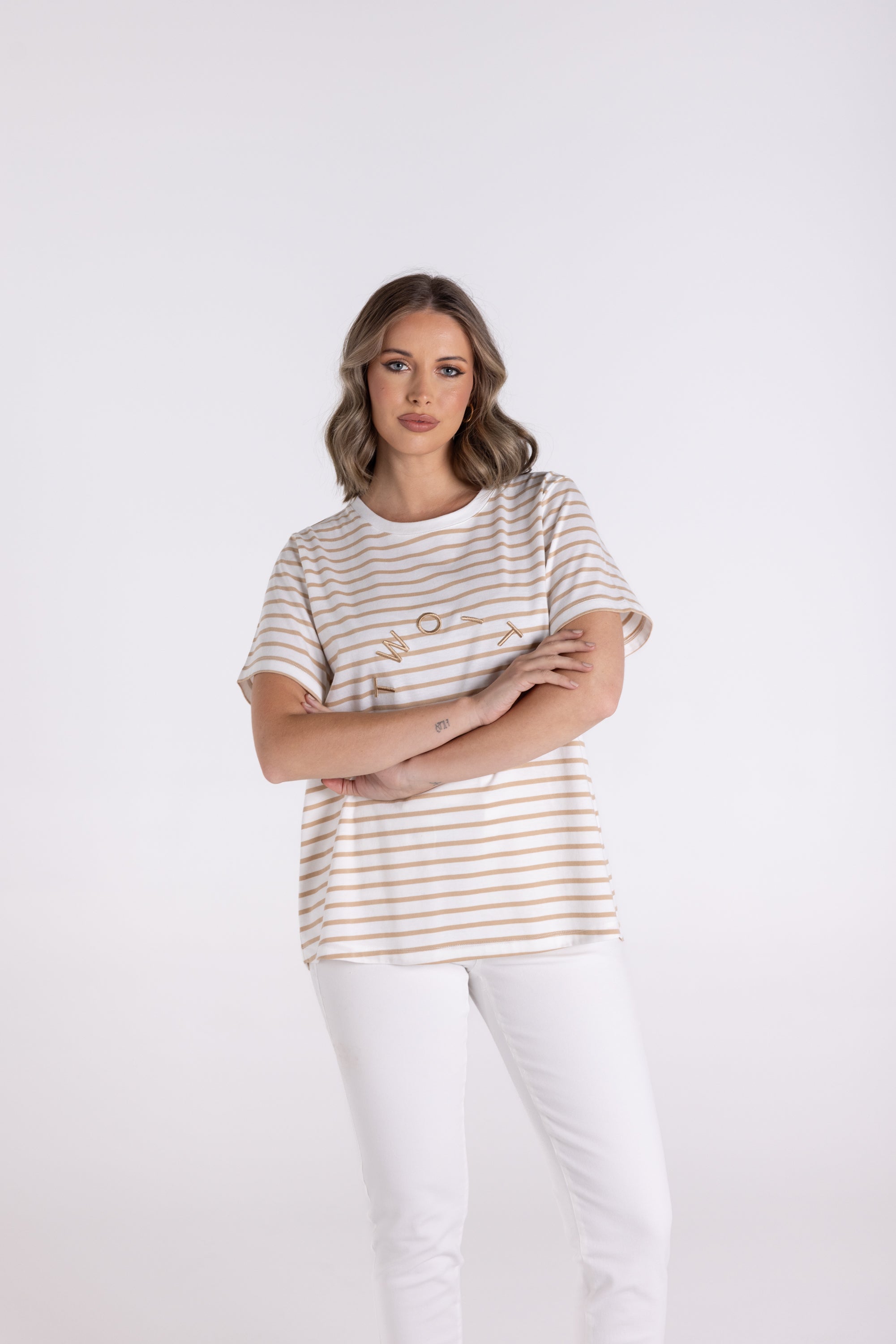 Stripe S/Slv Crew w/Embroidery by Two-T's - Sand/White