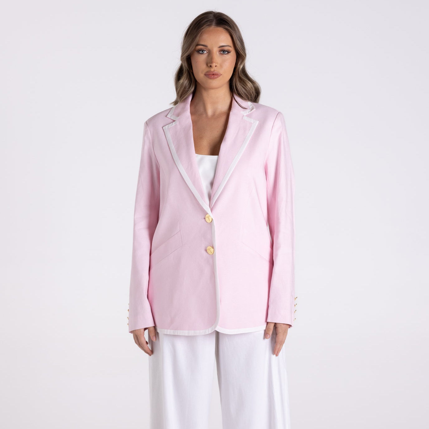 Linen Viscose Blazer by Two-T's - Pink/White Trim