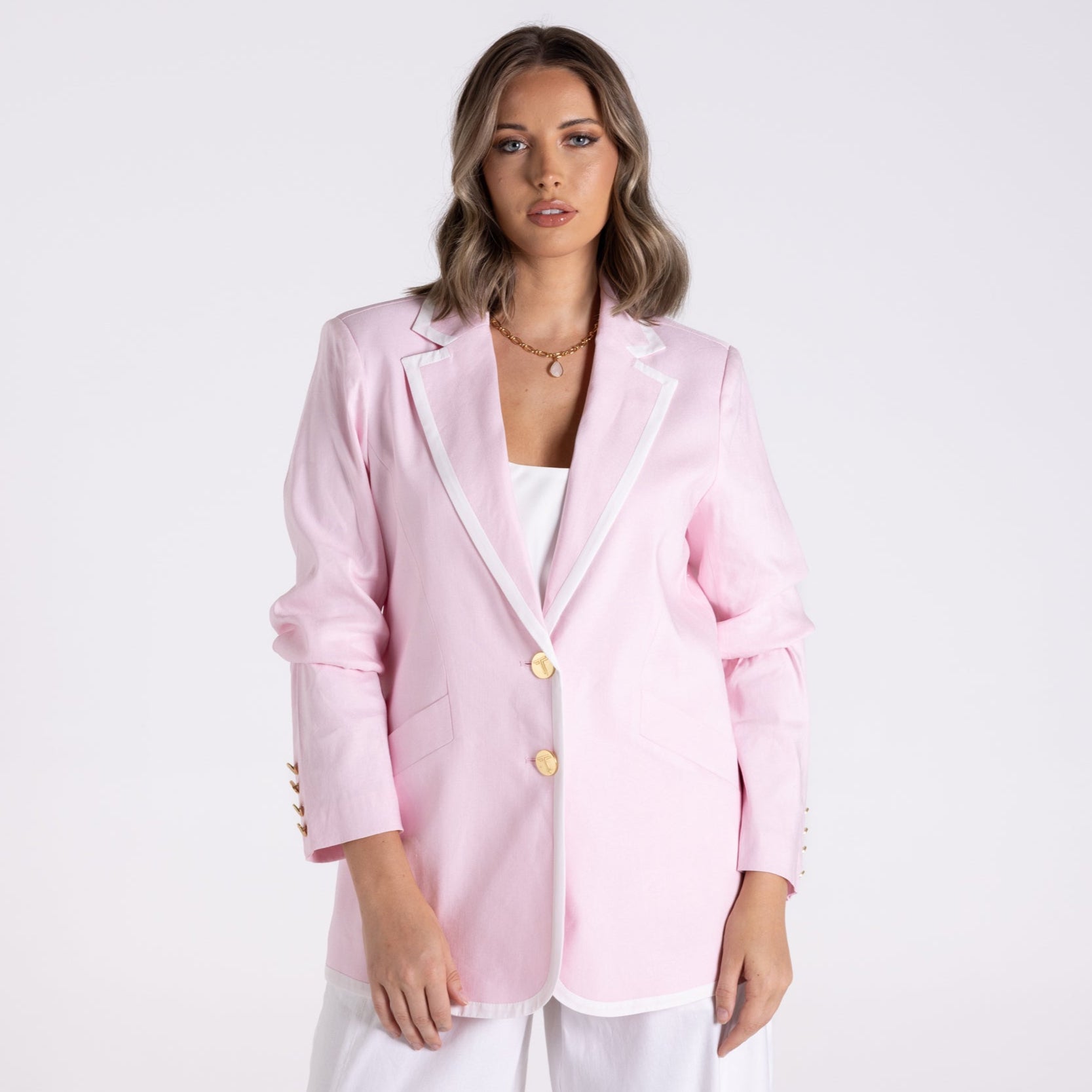 Linen Viscose Blazer by Two-T's - Pink/White Trim