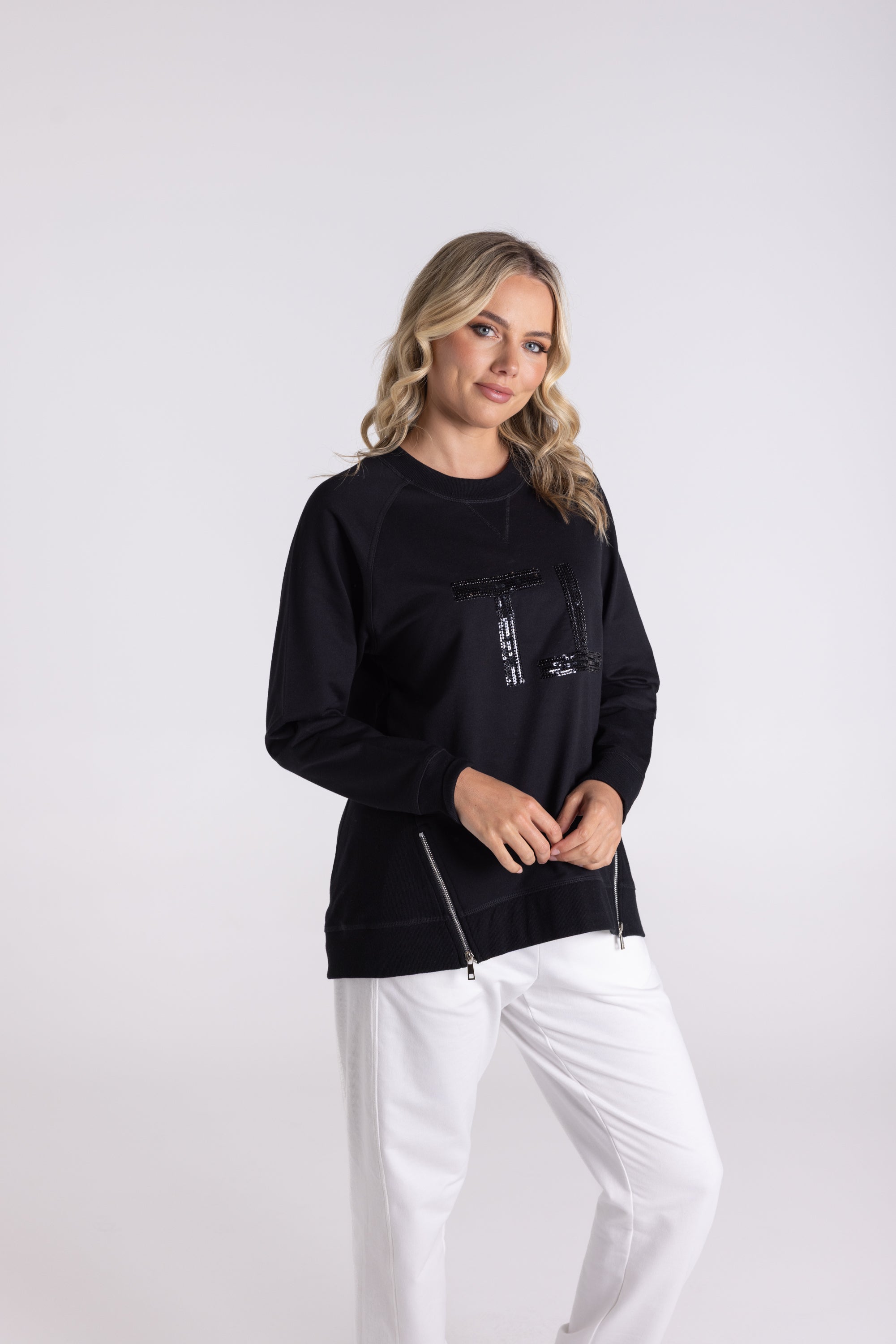 Raglan Sweat w/Beaded Logo by Two-T's - Black/DTM Beading