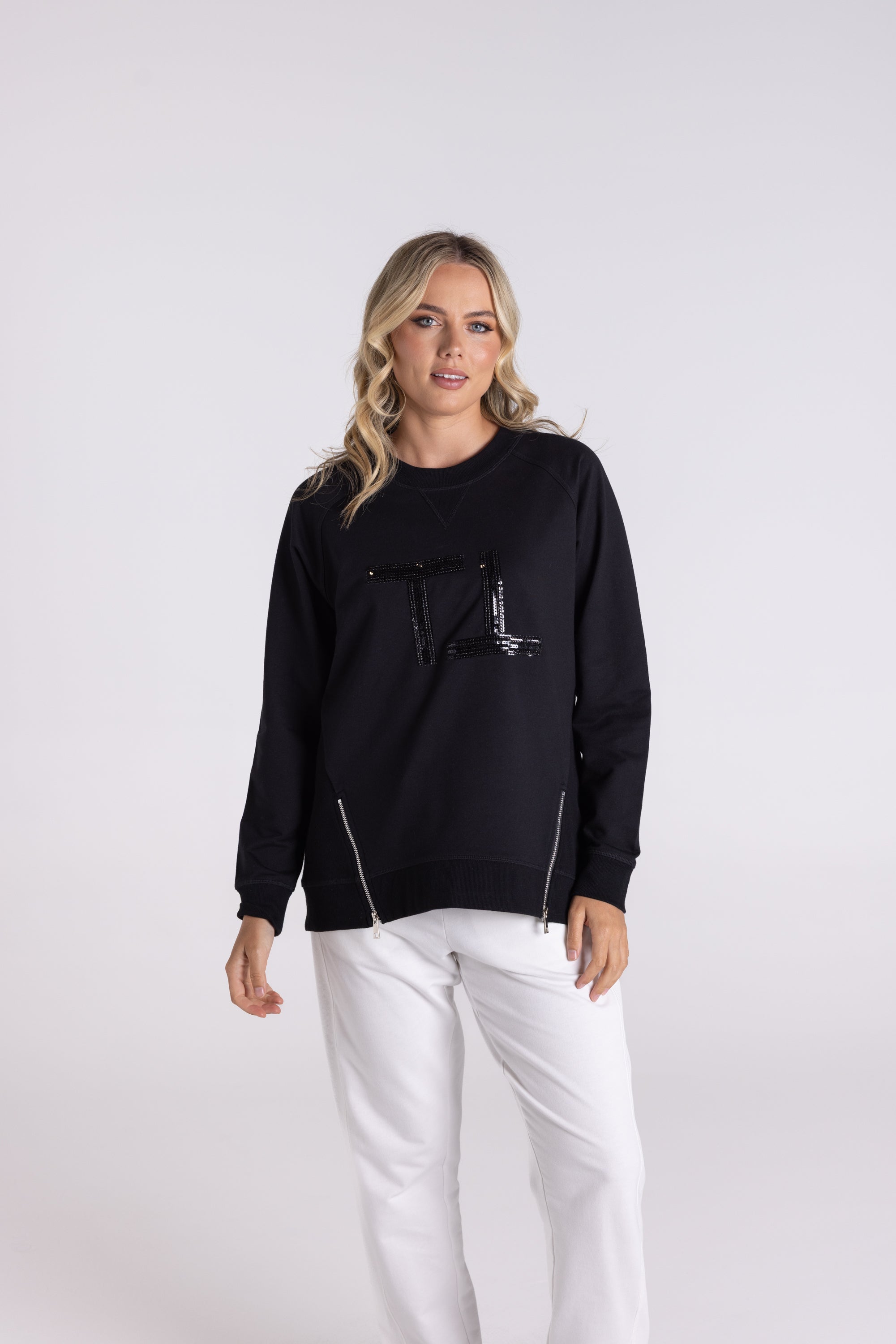 Raglan Sweat w/Beaded Logo by Two-T's - Black/DTM Beading