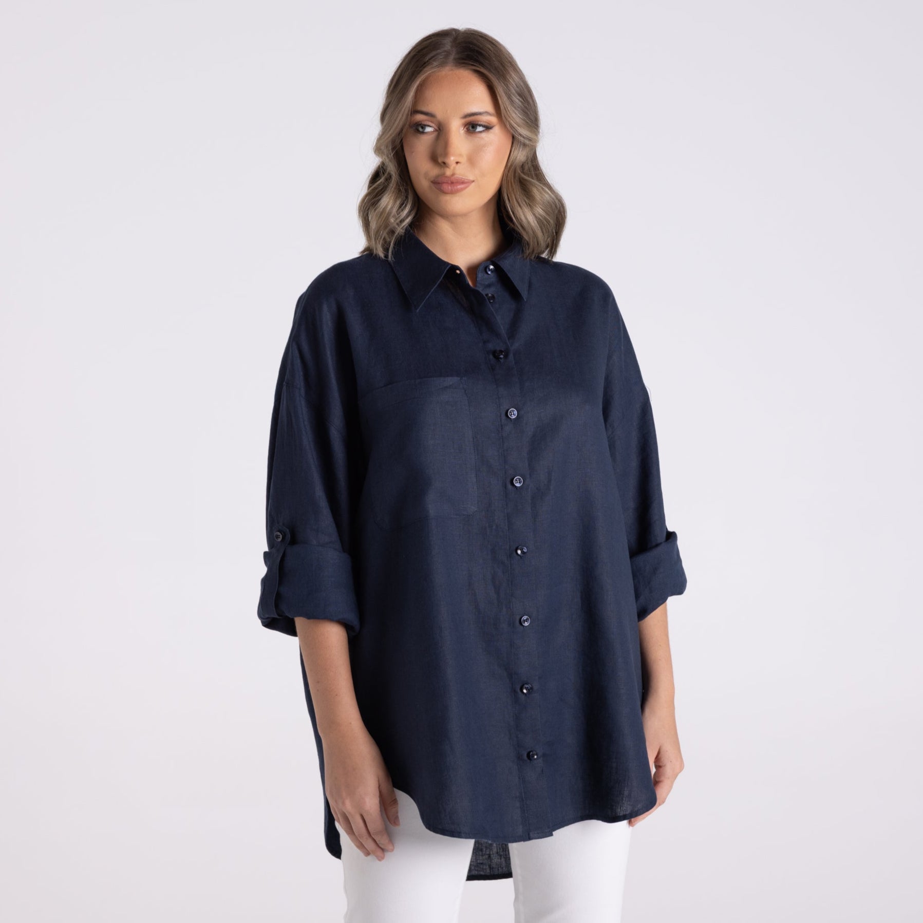 Oversized Linen Shirt by Two-T's - French Navy