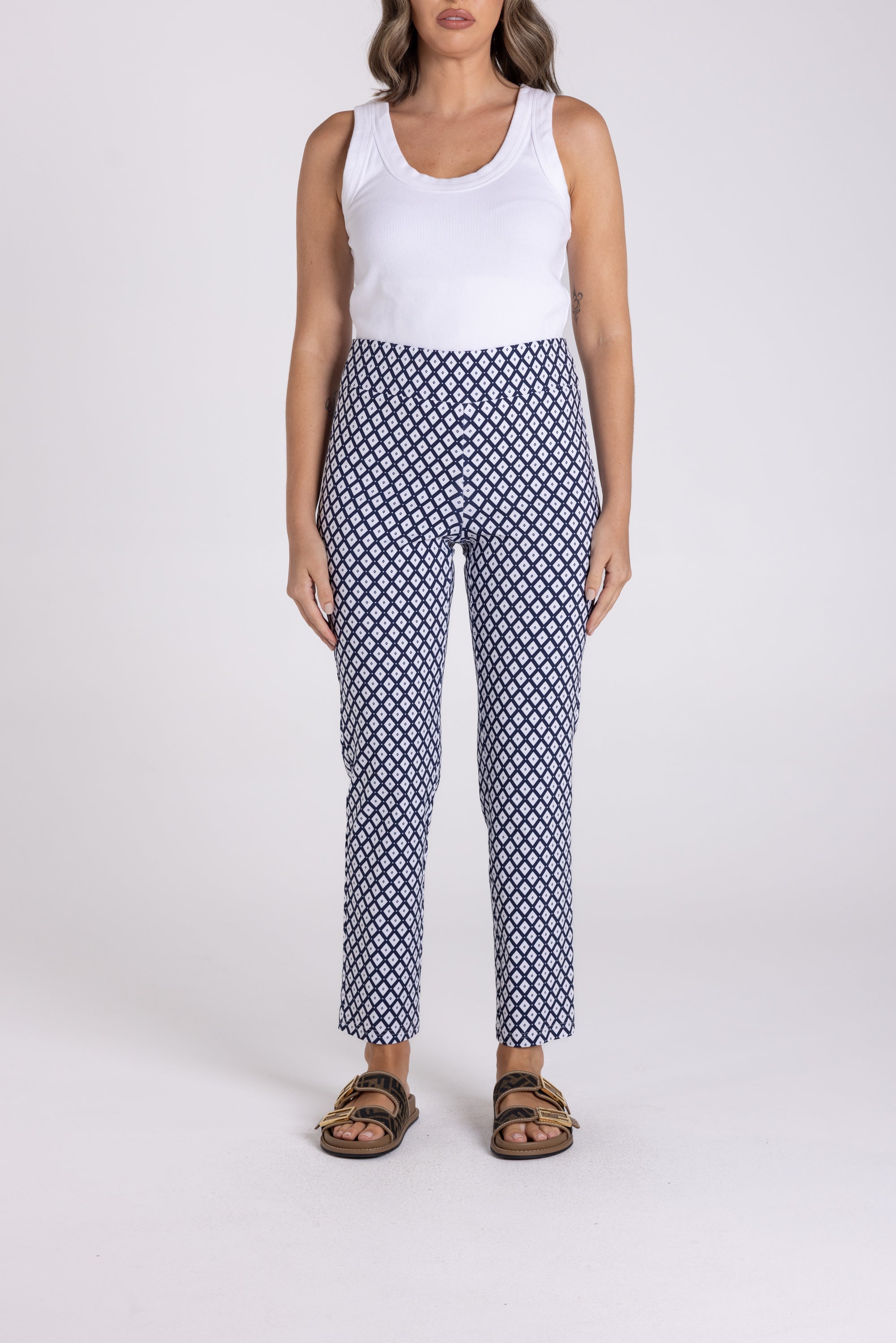 7/8 Diamond Pull On Pant by Two-T's - Navy/White