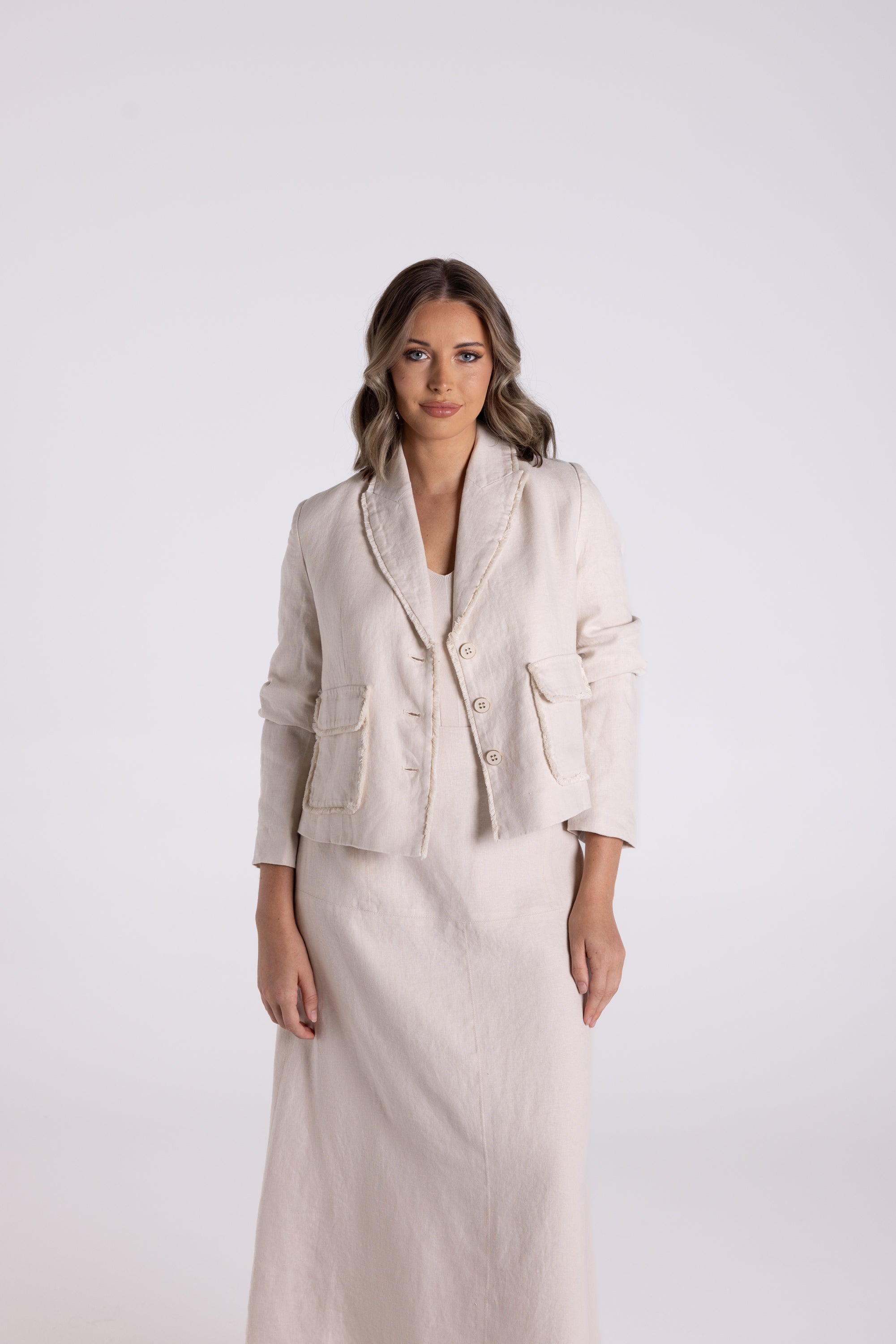 Crop Tweed Linen Jacket w/Fringe by Two-T's - Natural