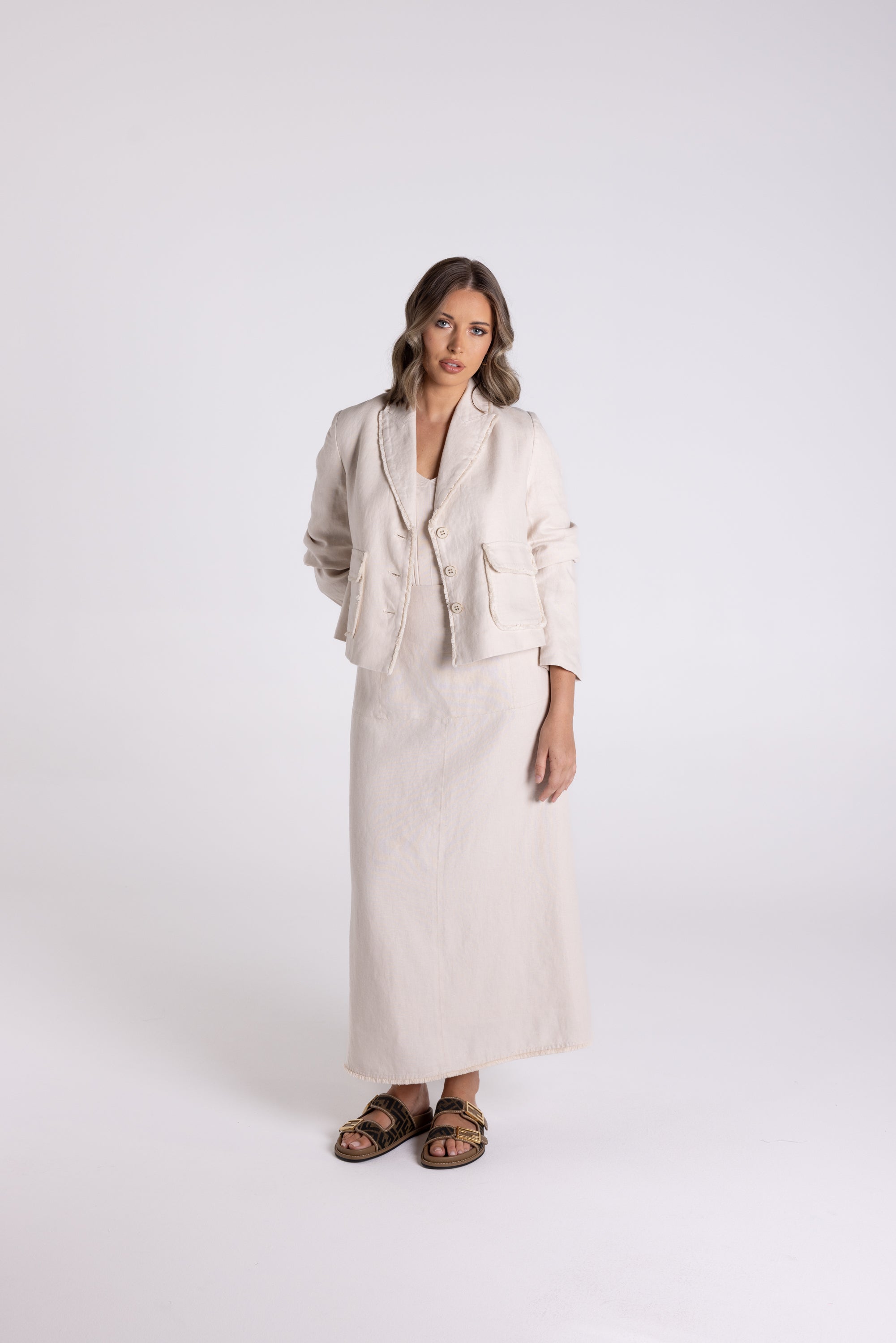 Crop Tweed Linen Jacket w/Fringe by Two-T's - Natural