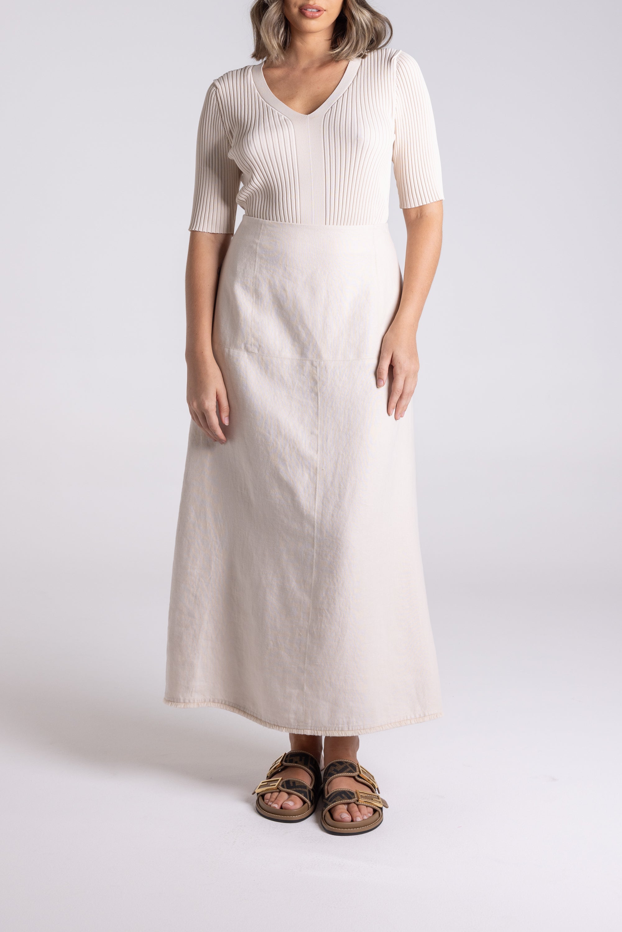 Linen Tweed Midi Skirt by Two-T's - Natural