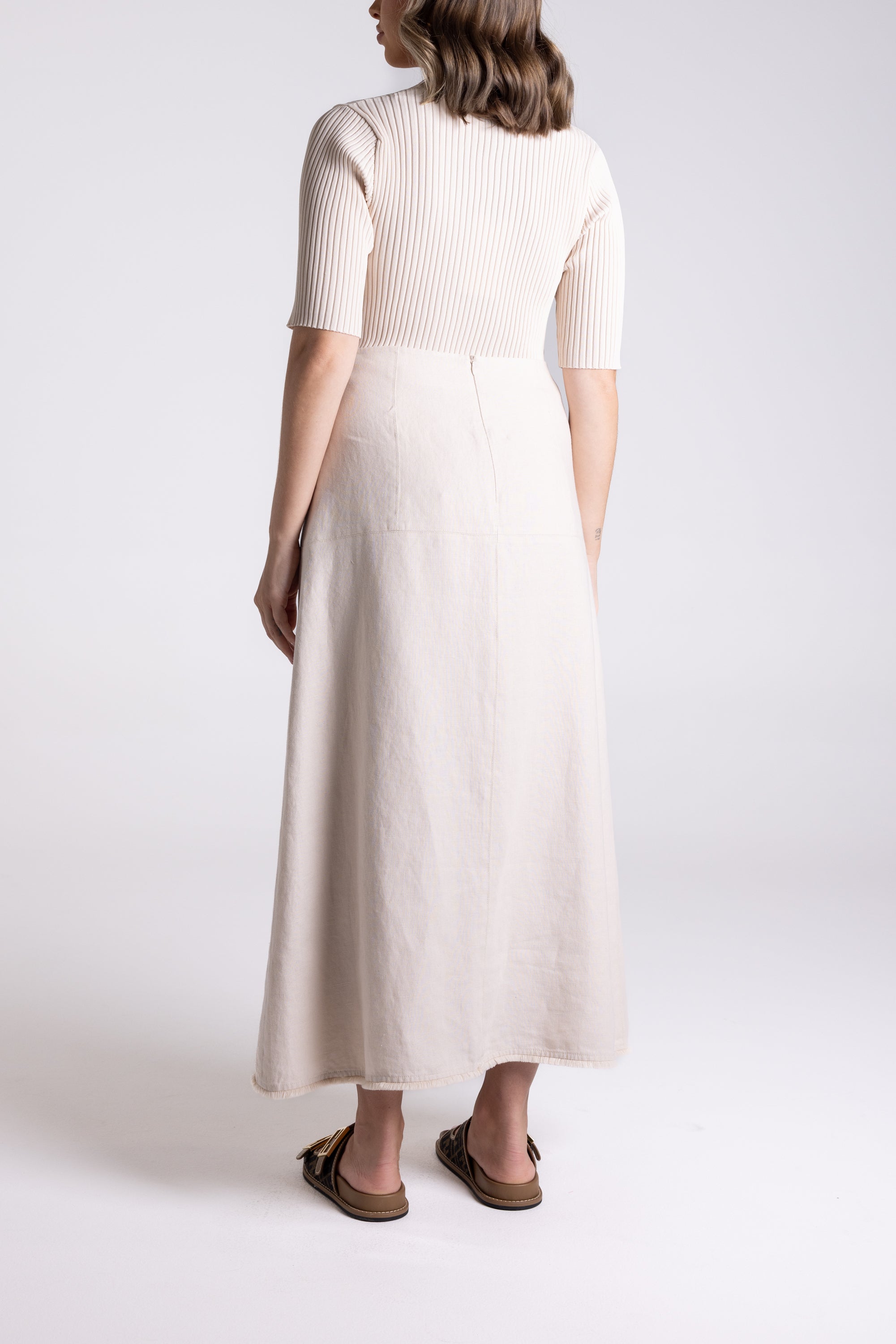 Linen Tweed Midi Skirt by Two-T's - Natural