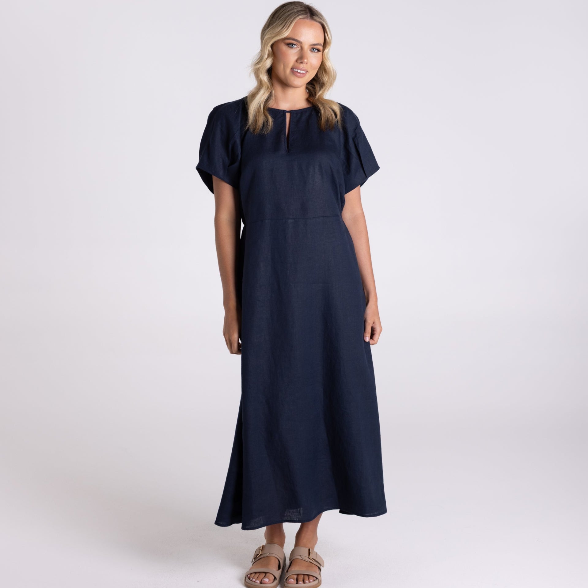 Linen Midi Dress by Two-T's - French Navy
