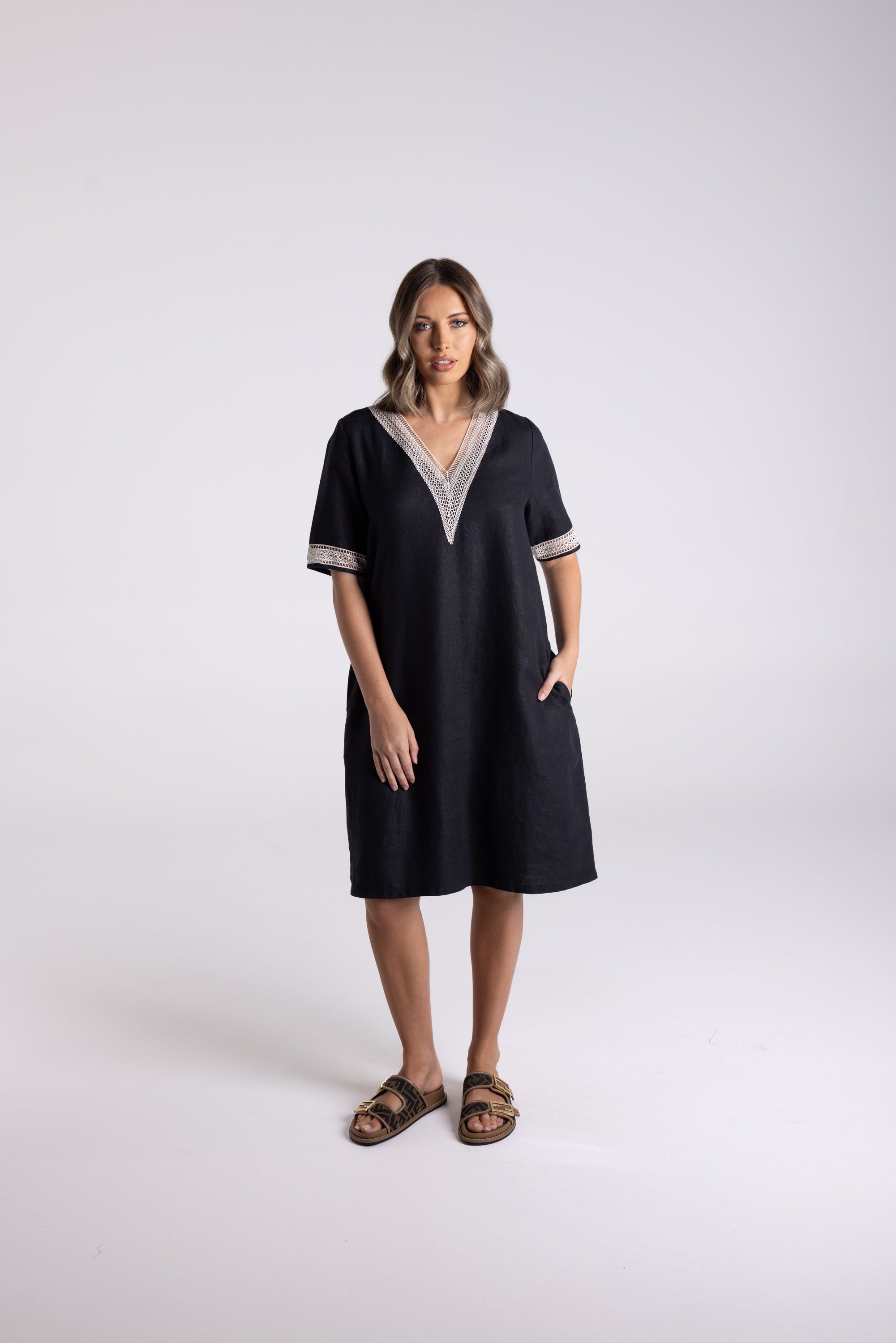 V Neck Dress w/Lace Detail by Two-T's - Black/Natural Lace