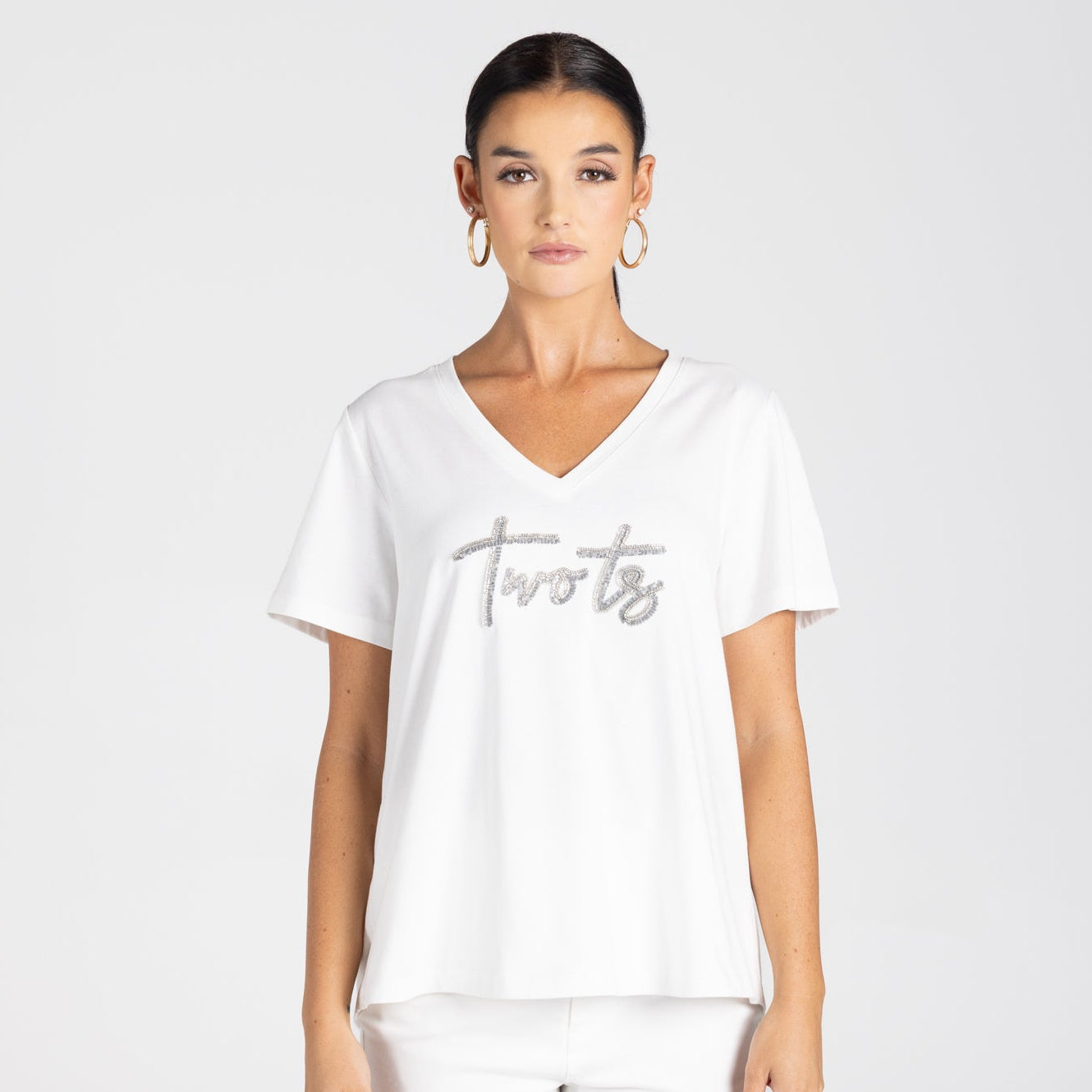 V-Neck beaded logo T shirt by Two -T's