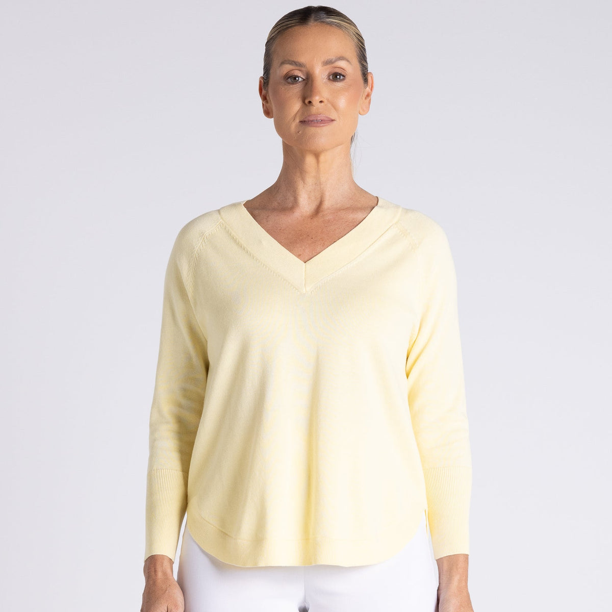 Raglan V neck top with scoop hem by Two T's - Lemon Icing