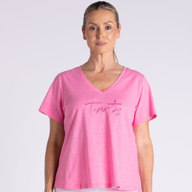 V neck t-shirt with embroidered logo by Two T's