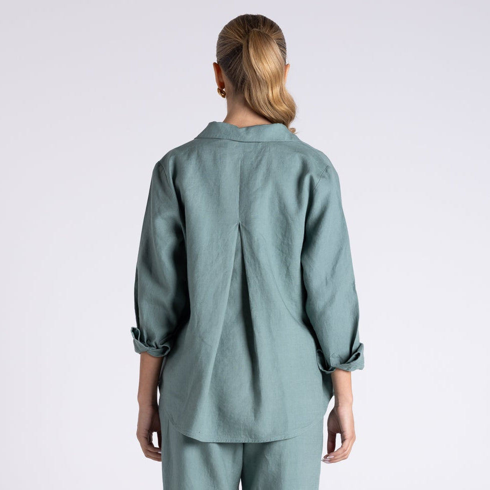 Sofia shirt with Gold button by Two T's - Frosted Fern