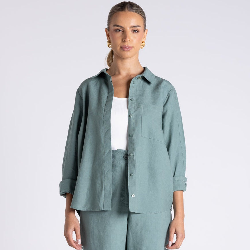 Sofia shirt with Gold button by Two T's - Frosted Fern