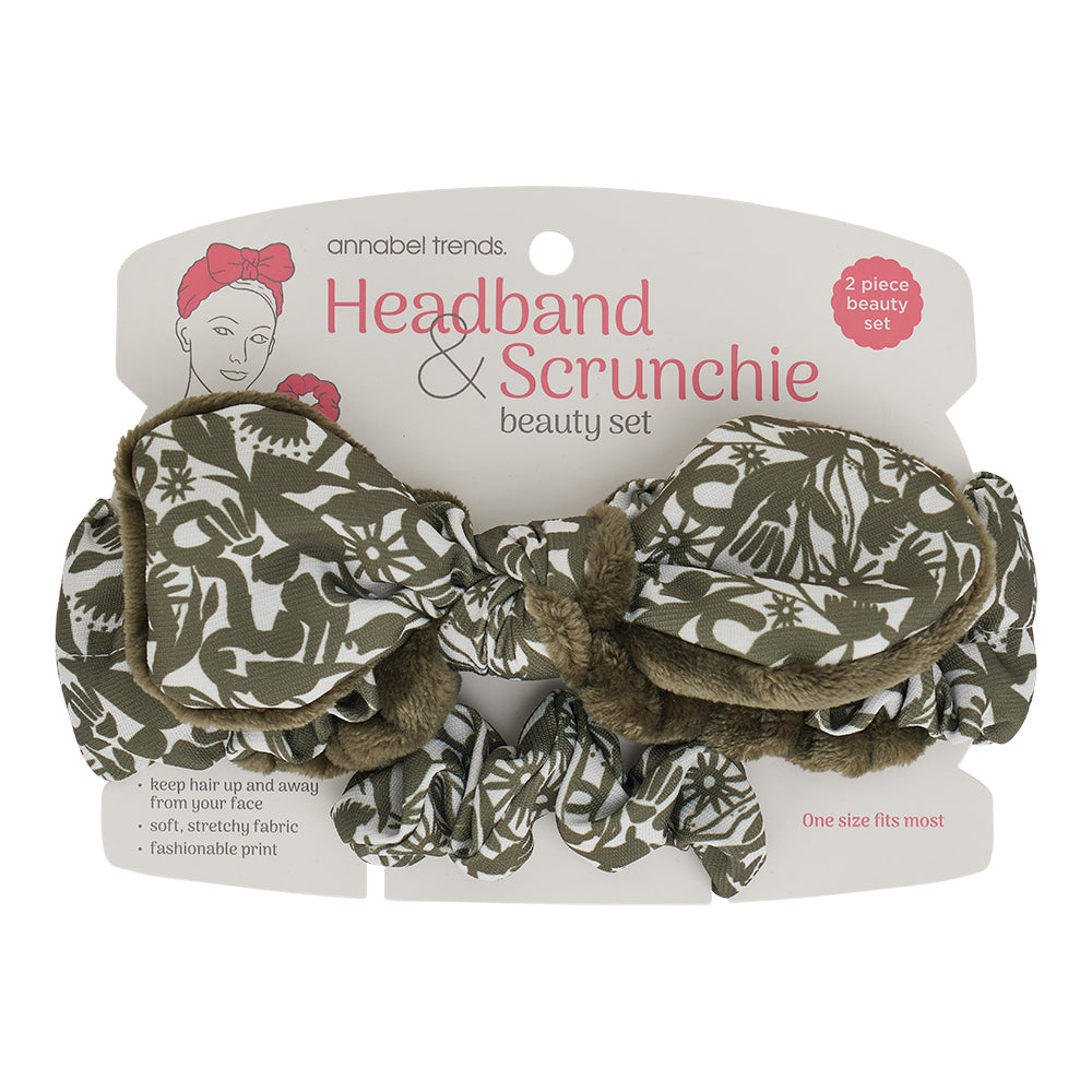 Printed Headband And Scrunchie Set - Green