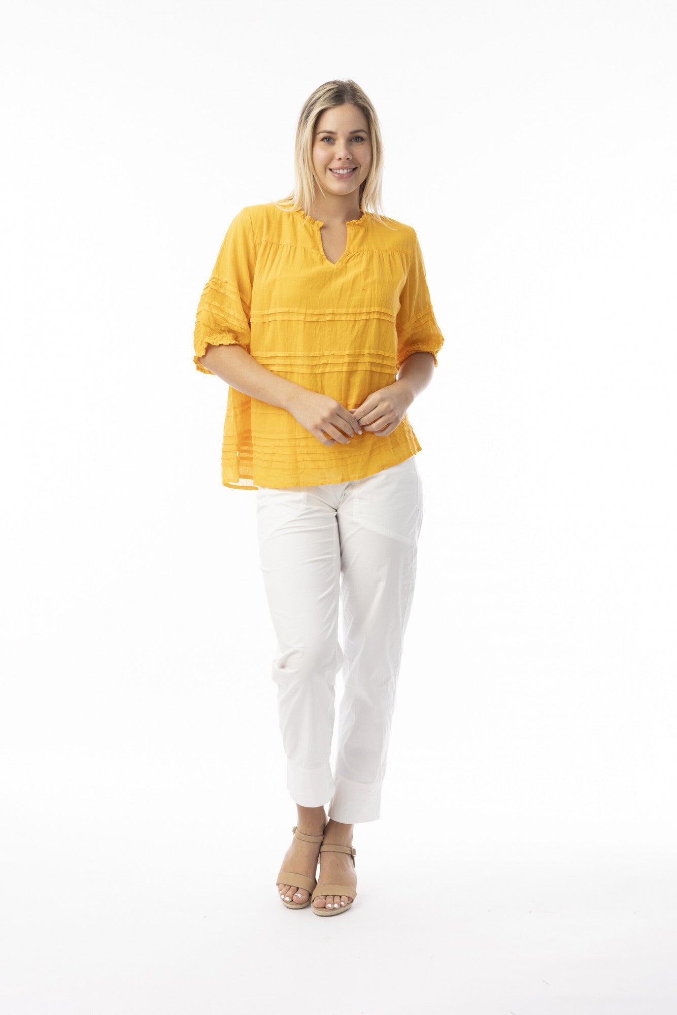 Essentials Pleated Top by Orientique - Saffron