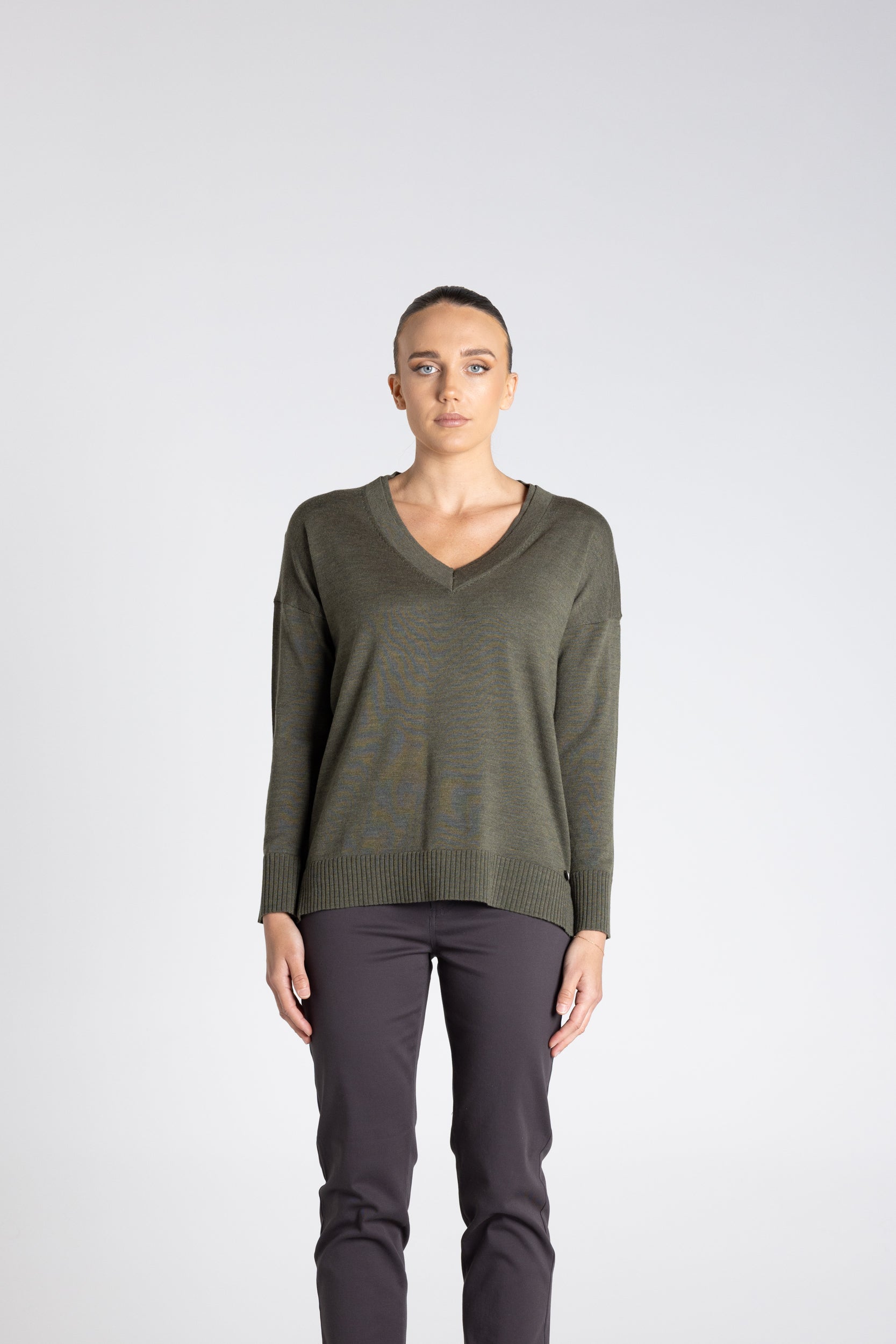 Double V Neck Sweater by Two-Ts - Khaki