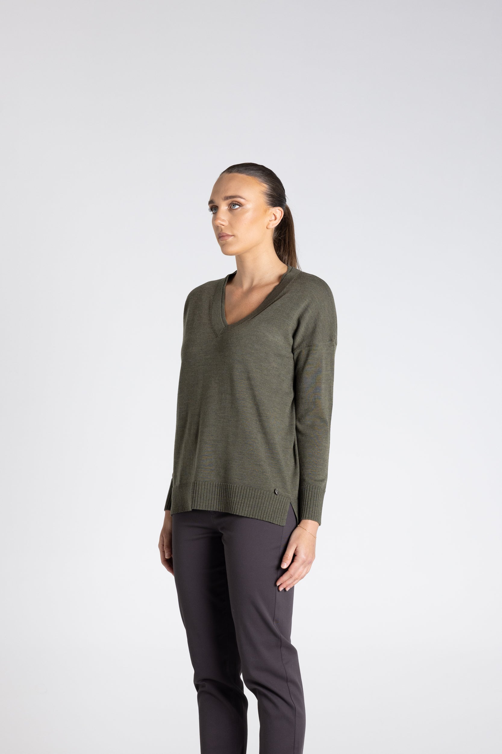 Double V Neck Sweater by Two-Ts - Khaki