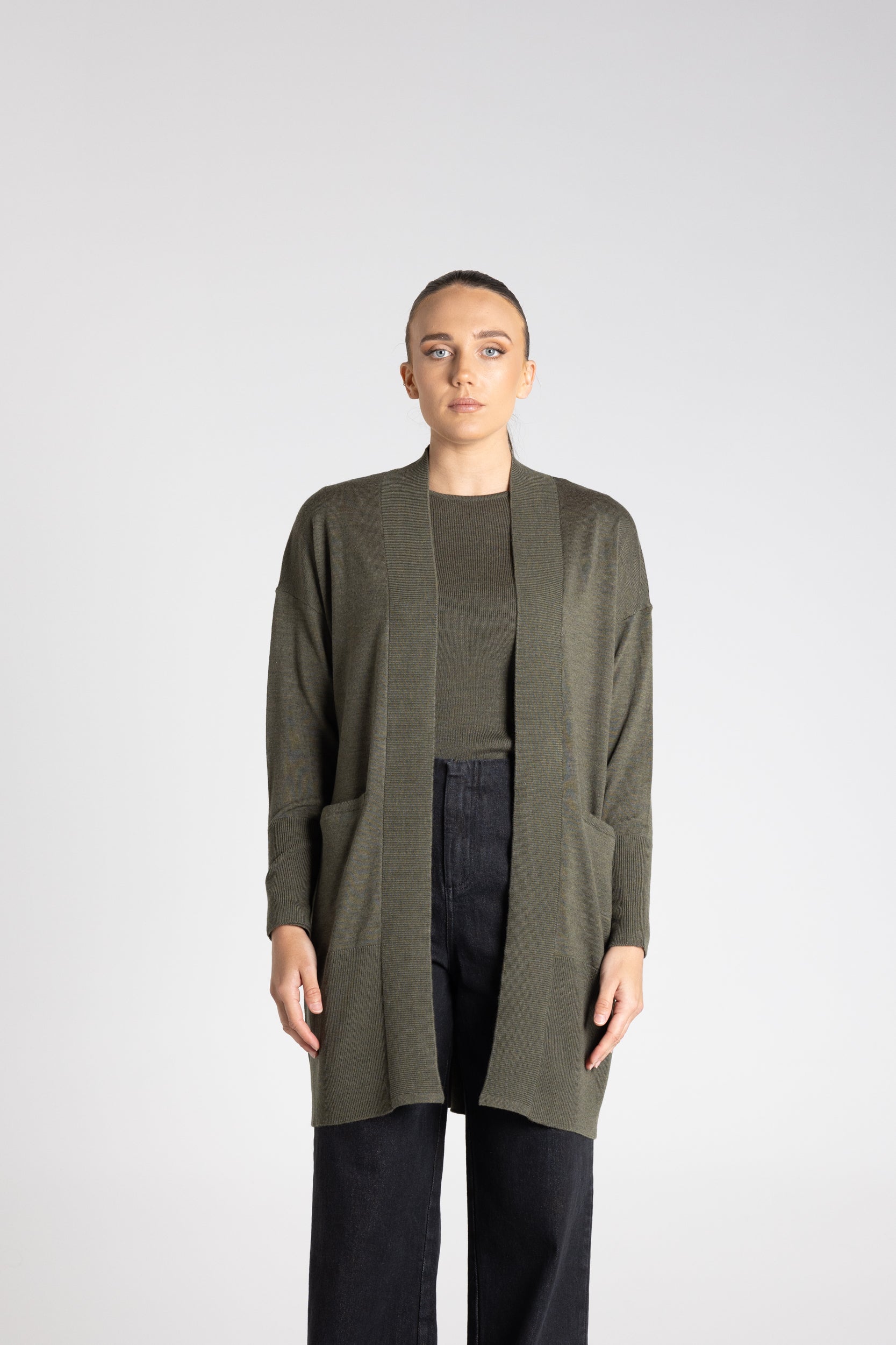 Merino Long Cardigan by Two-Ts - Khaki