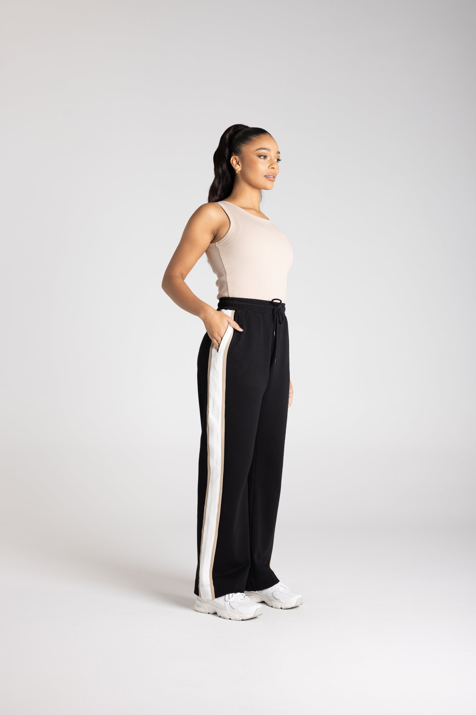 Track Pant by Two-Ts - Black w/Oat-Ivory Stripe