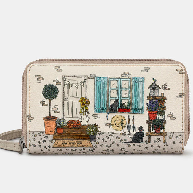 Country Cottage Zip Around Warm Grey Leather Purse With Wrist Strap by Yoshi