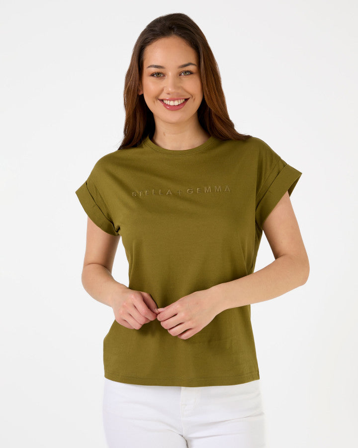 Cuff Sleeve Embroided Logo Tee by Stella & Gemma - Moss - Stella & Gemma
