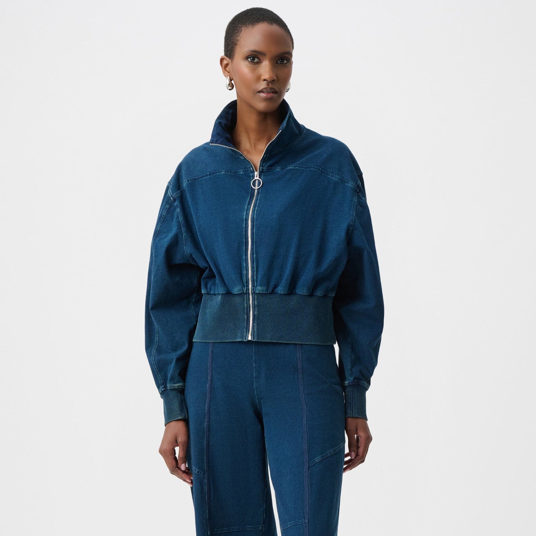 Knit Denim Funnel-Neck Bomber Jacket
