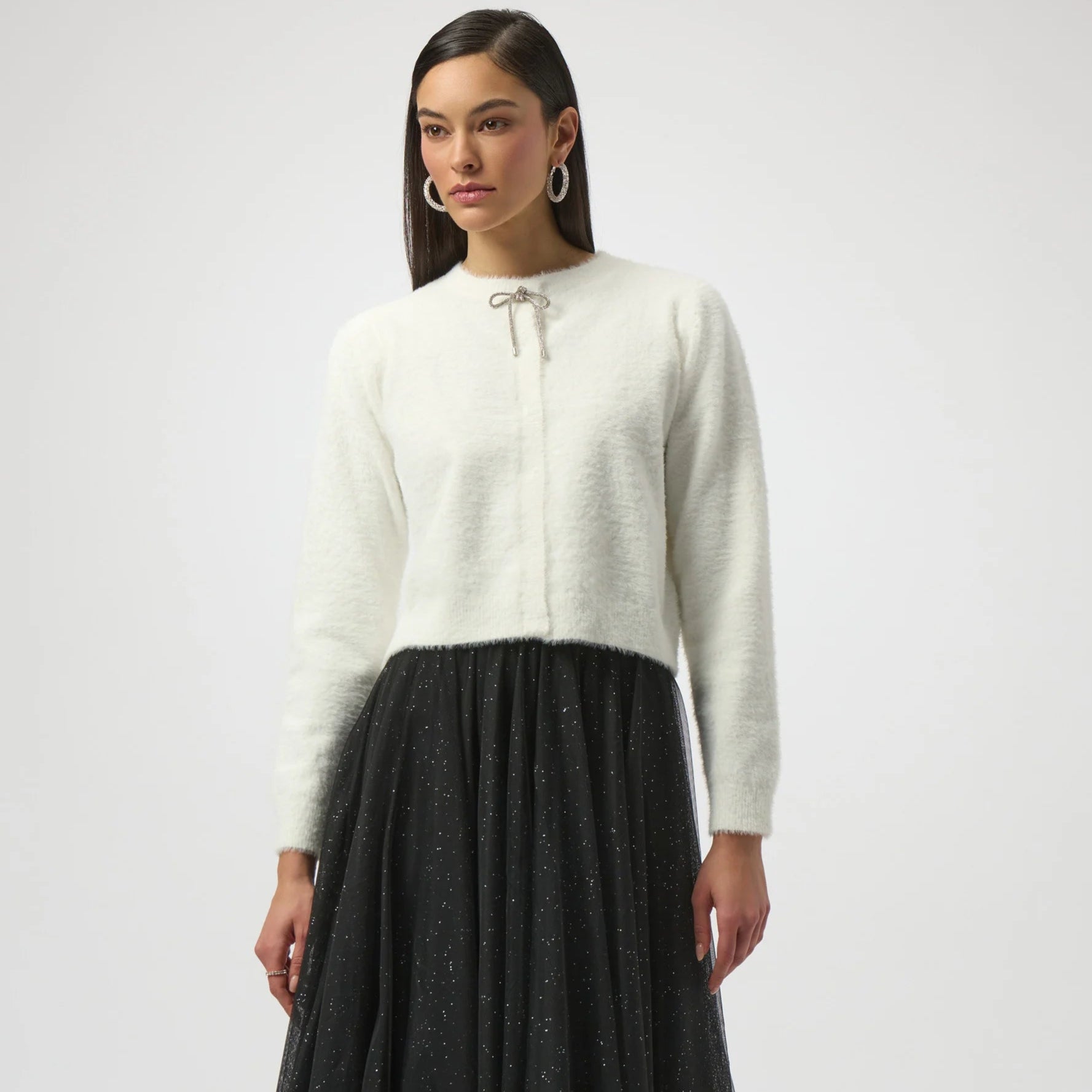 Feather Yarn Cardigan with Rhinestone Bow by Joseph Ribkoff