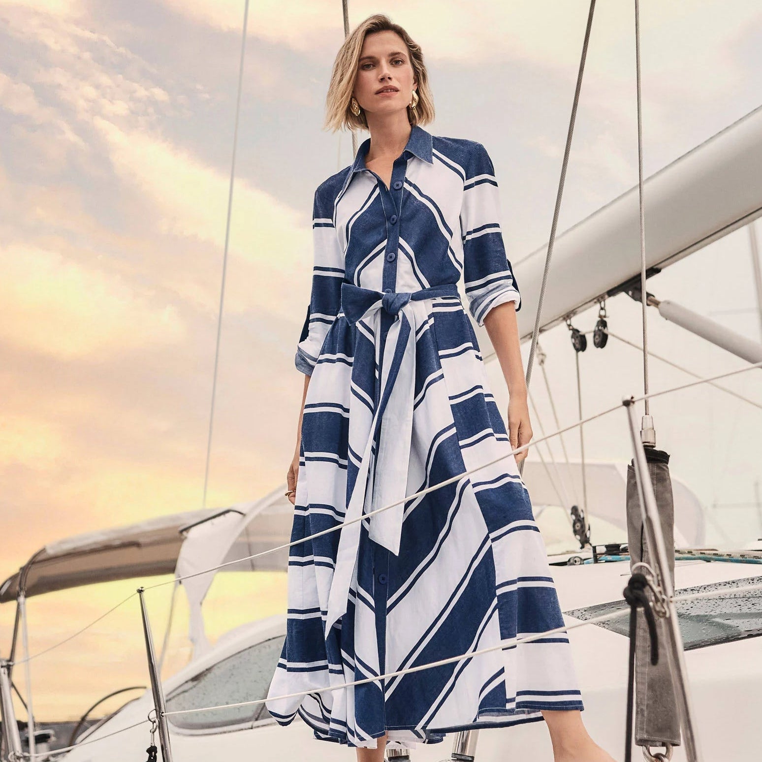 Cotton Stripe Print Fit and Flare Shirt Dress with Reversible Sash by Joseph Ribkoff