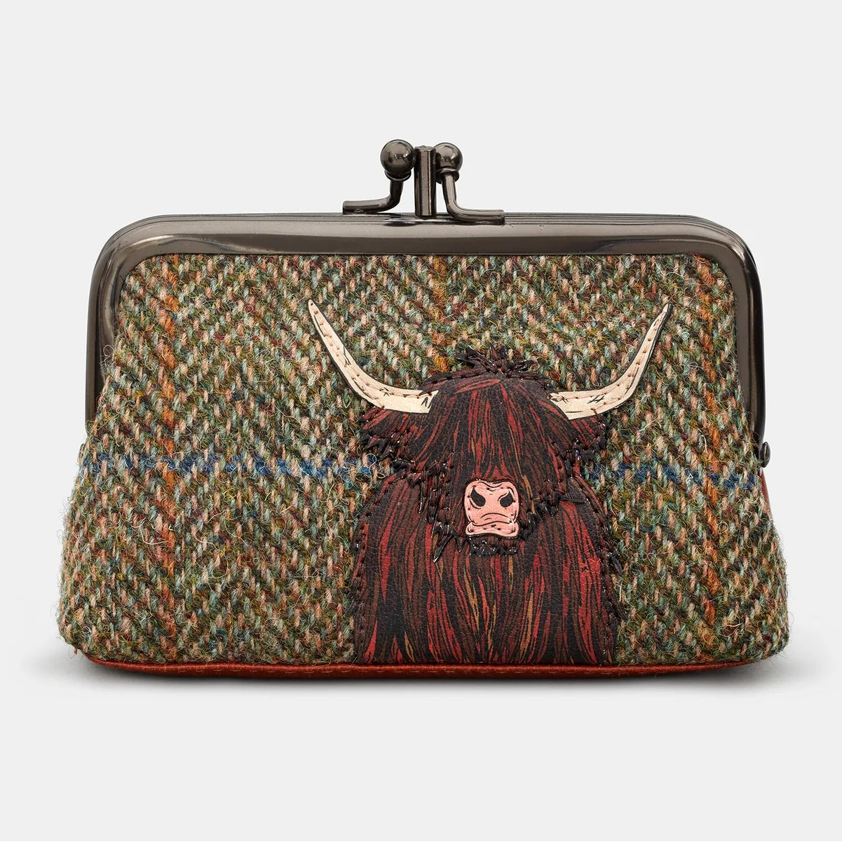 Highland Cow Harris Tweed & Brown Leather Aubrey Frame Purse