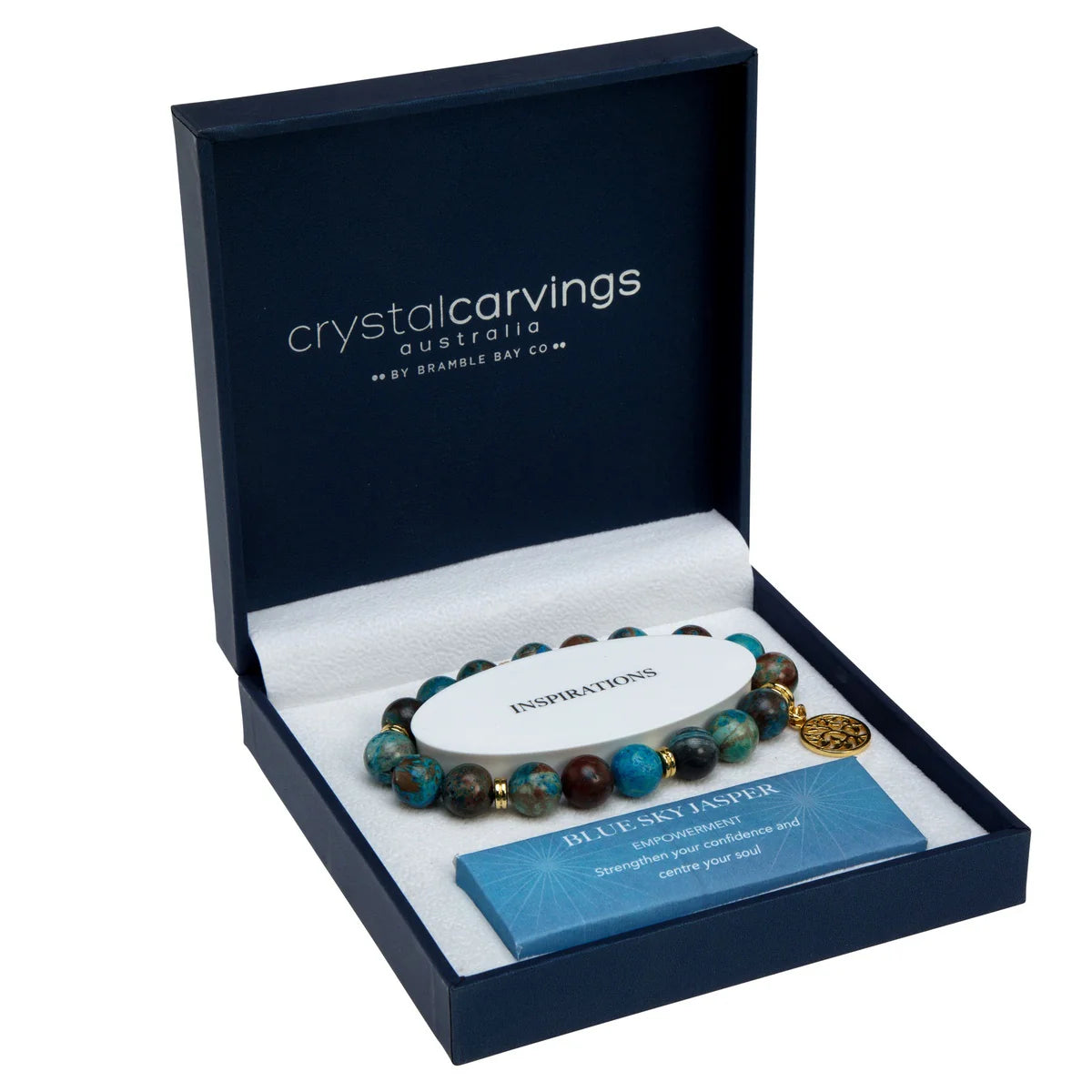 Blue Sky Jasper Tree Of Life gold charm bracelet by Bramble Bay