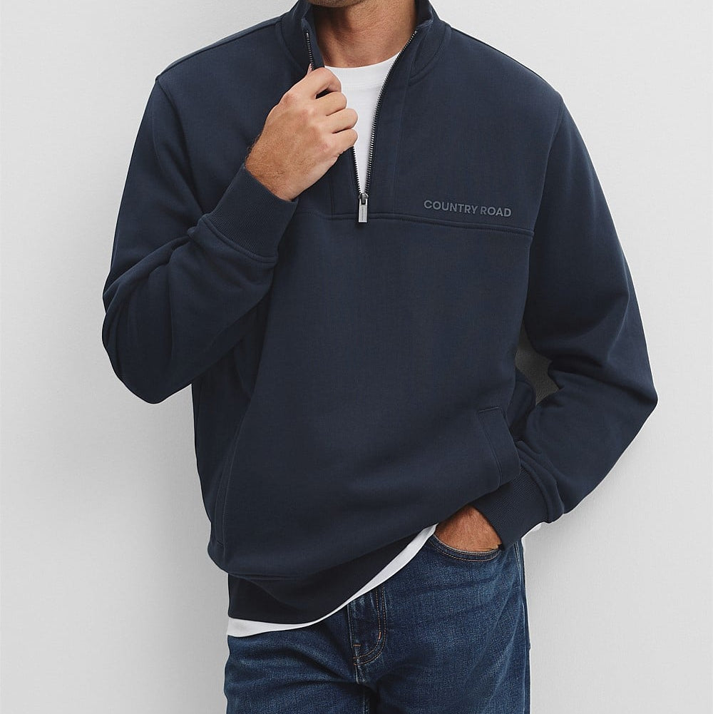 Australian Cotton Modern Logo Half Zip Sweat - Navy