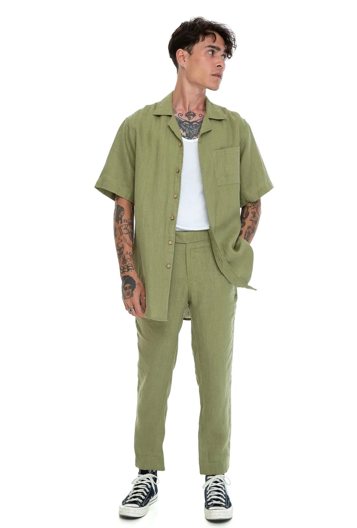 Seaside Linen Short Sleeve Shirt by Lost in Nowhere -Olive