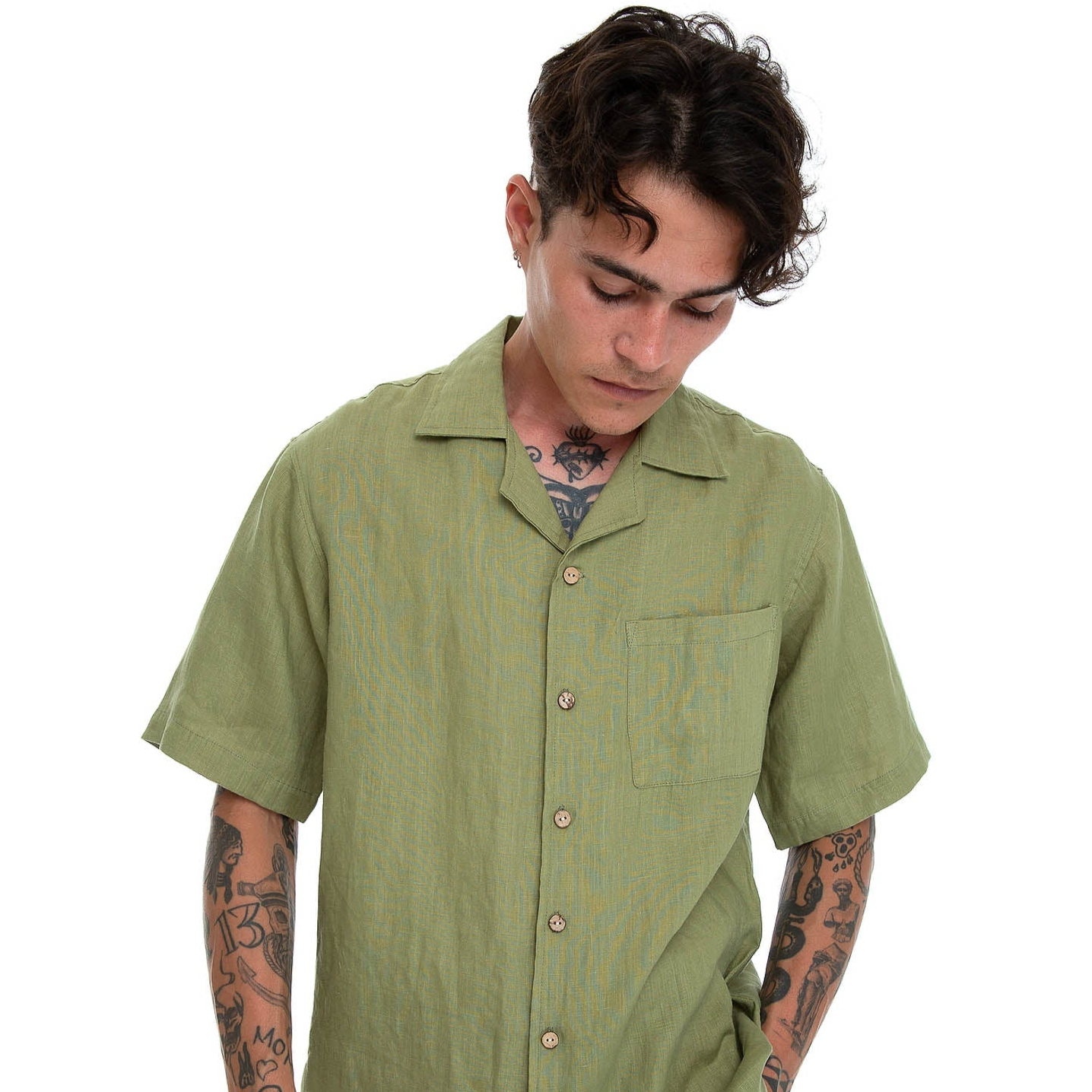 Seaside Linen Short Sleeve Shirt by Lost in Nowhere -Olive