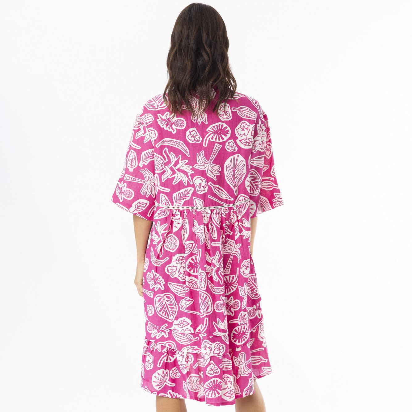 Linen Print Pink Dress layers 3/4 sleeve by Escape