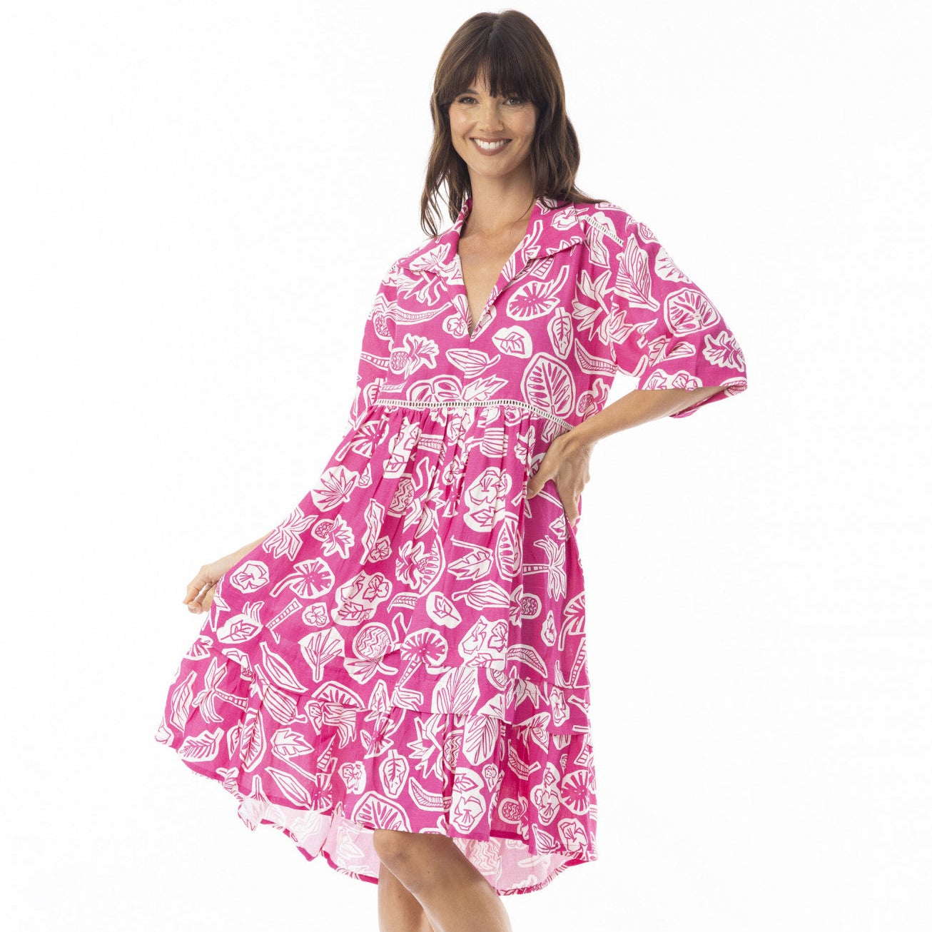 Linen Print Pink Dress layers 3/4 sleeve by Escape