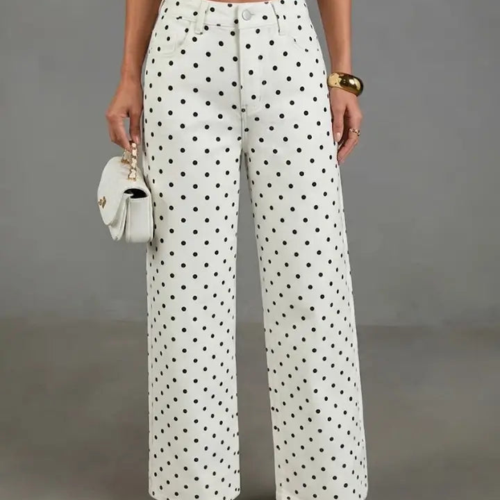Women's Polka Dot High Waist Wide Leg Washed Denim Jean